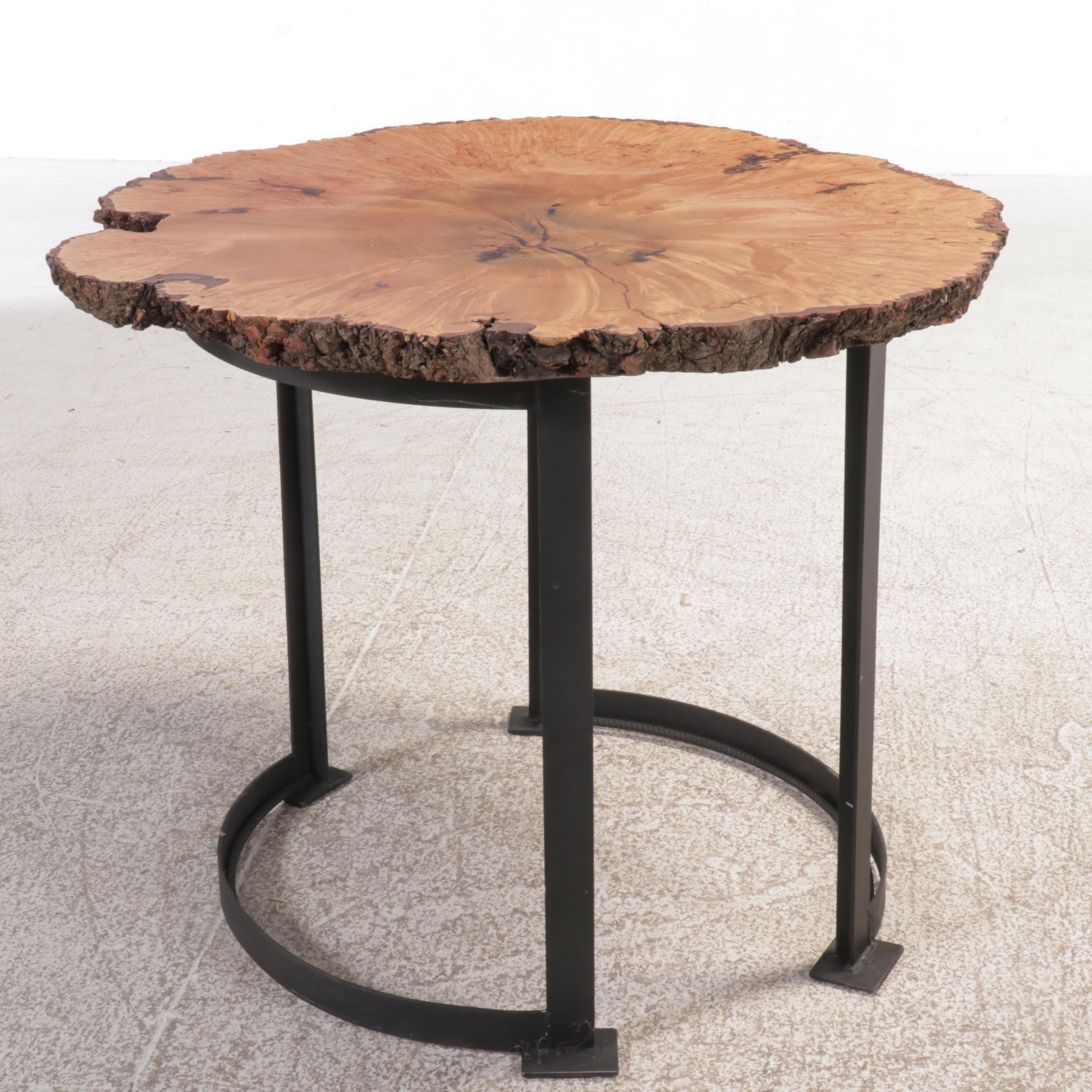 Industrial Style Live Edge Wood Slab and Metal End Table