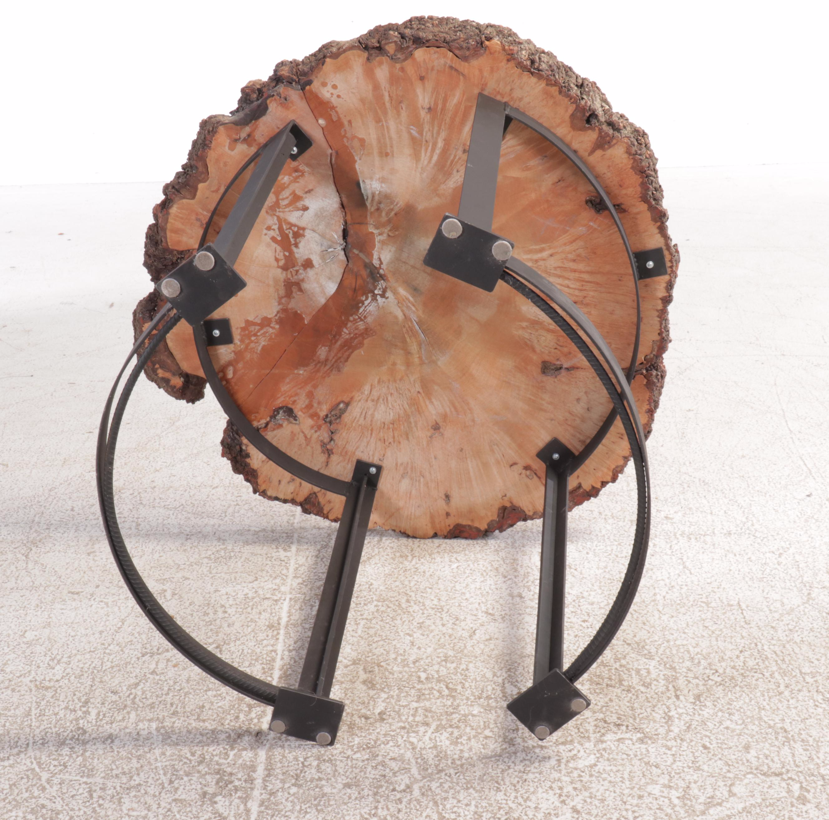 Industrial Style Live Edge Wood Slab and Metal End Table