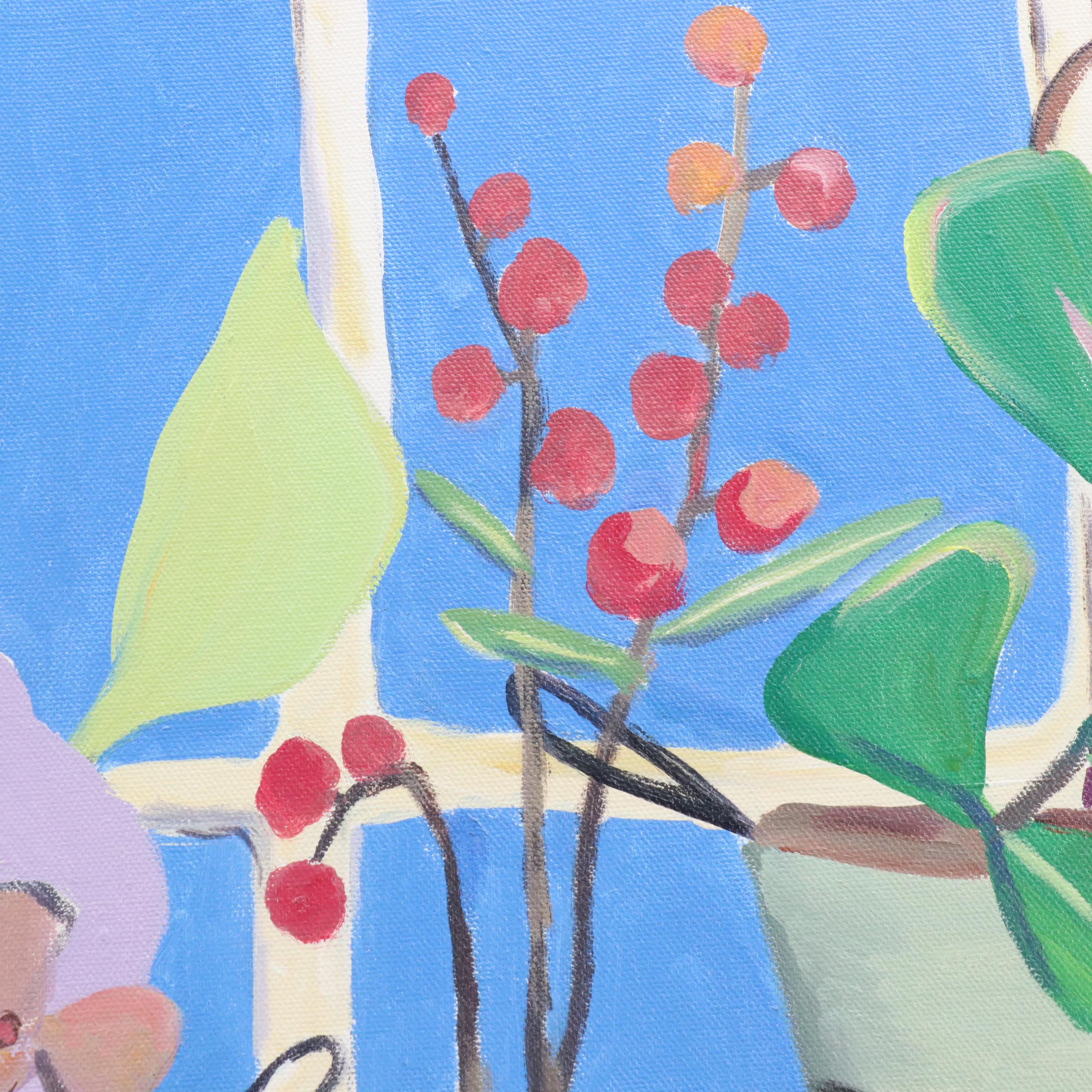 Kim Roberston Still Life Acrylic Painting of Plants Along a Windowsill, 2000