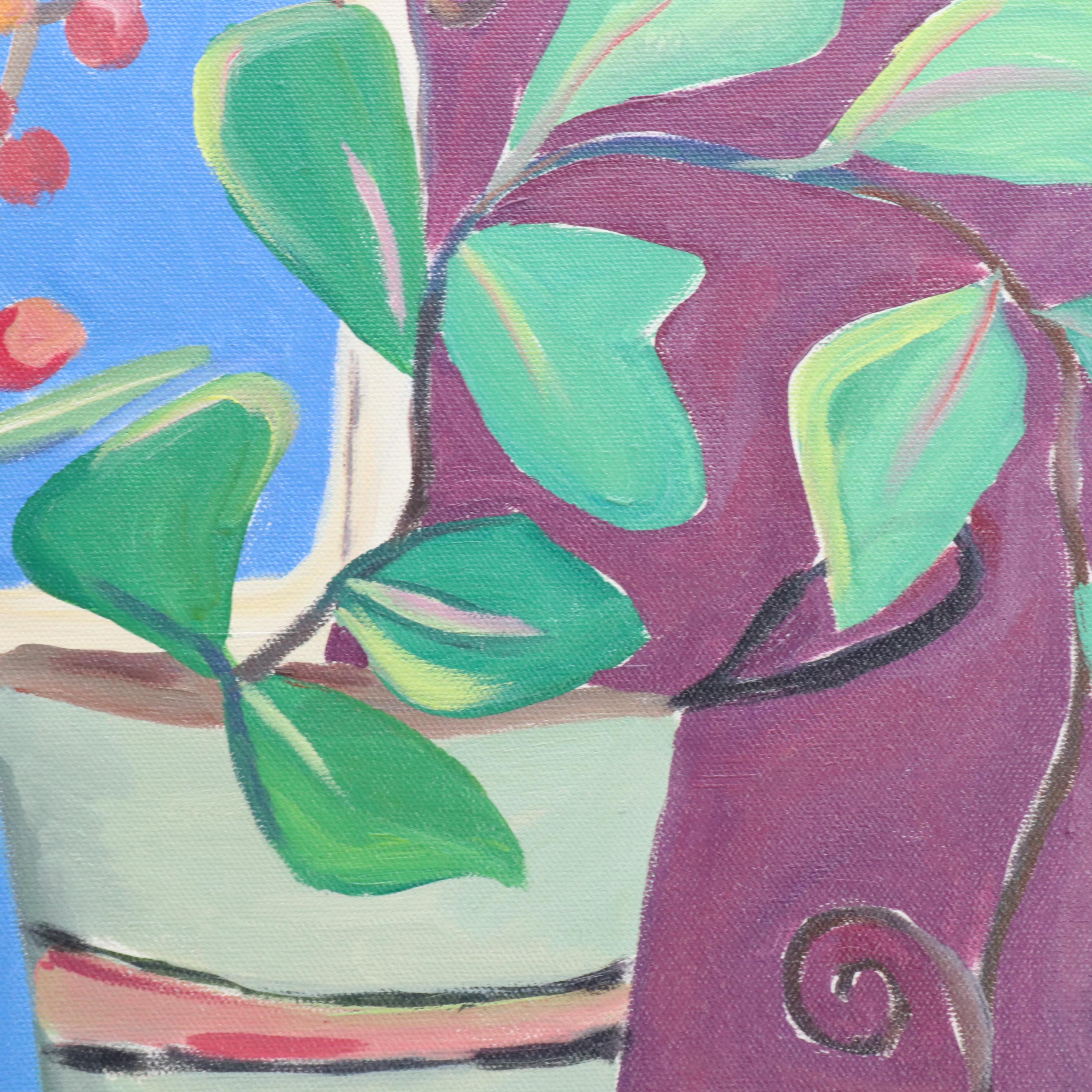 Kim Roberston Still Life Acrylic Painting of Plants Along a Windowsill, 2000