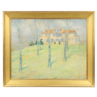 Caleb Arnold Slade Estate Landscape Oil Painting, Mid-20th Century Caleb Arnold Slade Estate Landscape Oil Painting, Mid-20th Century