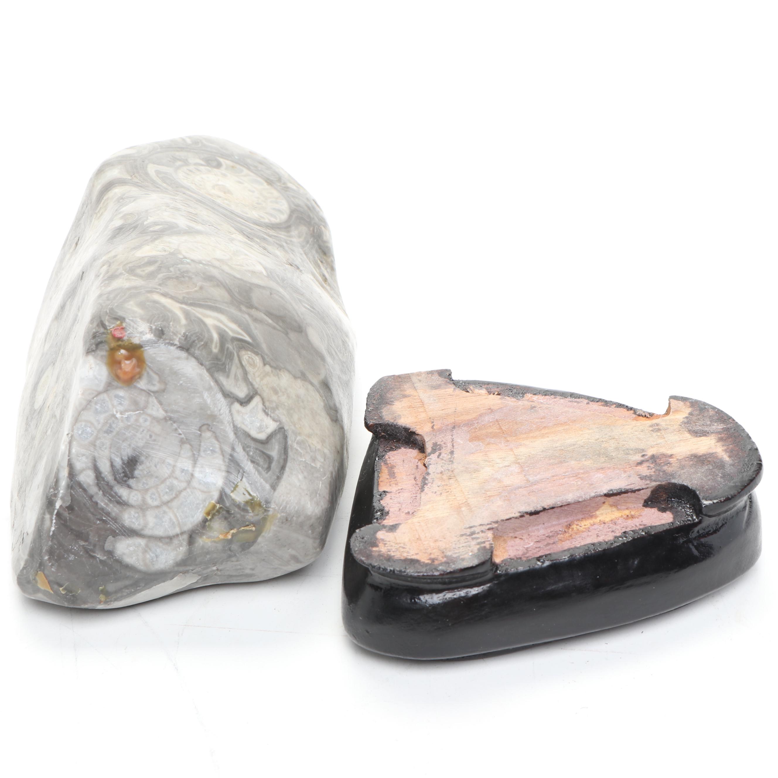 Carved Wooden Libation Cup, with Ammonoid and Goniatite Fossils