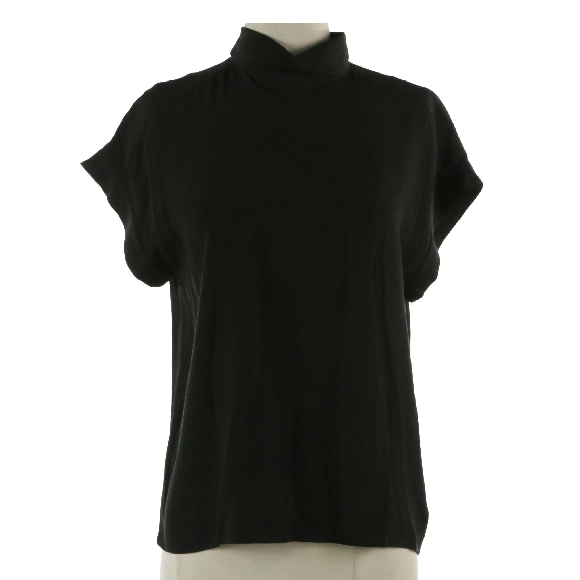 Chanel Boutique Black Silk Short Sleeve Blouse with Back Button Detail