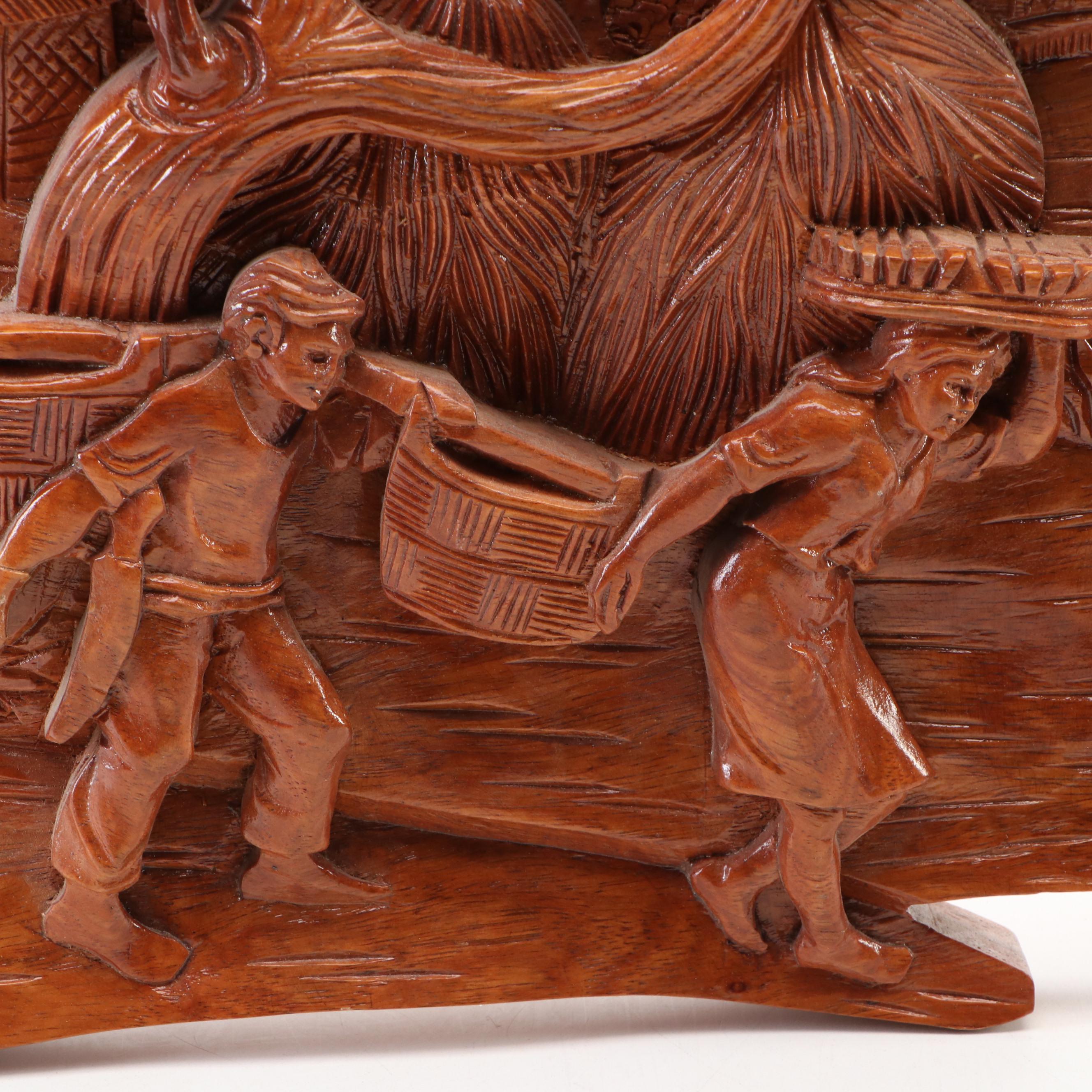 Filipino Carved Wood Bas-Relief Plaque of a Village