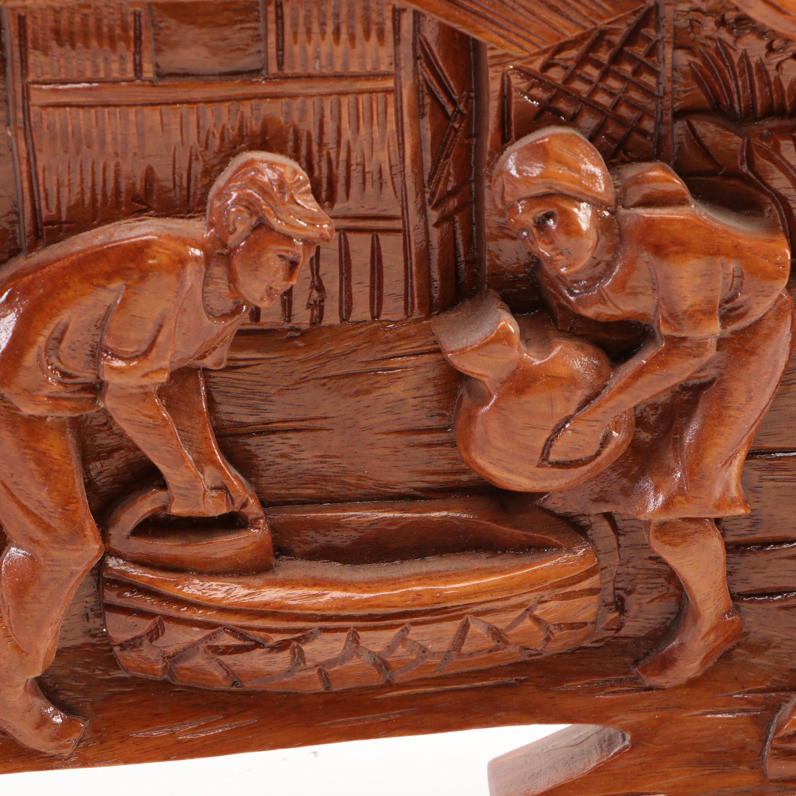 Filipino Carved Wood Bas-Relief Plaque of a Village