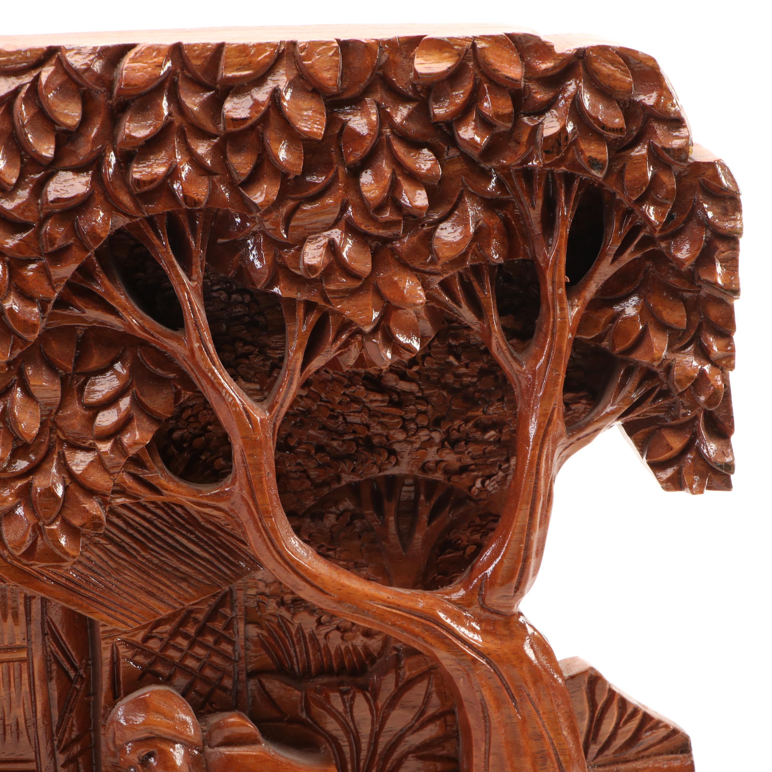 Filipino Carved Wood Bas-Relief Plaque of a Village