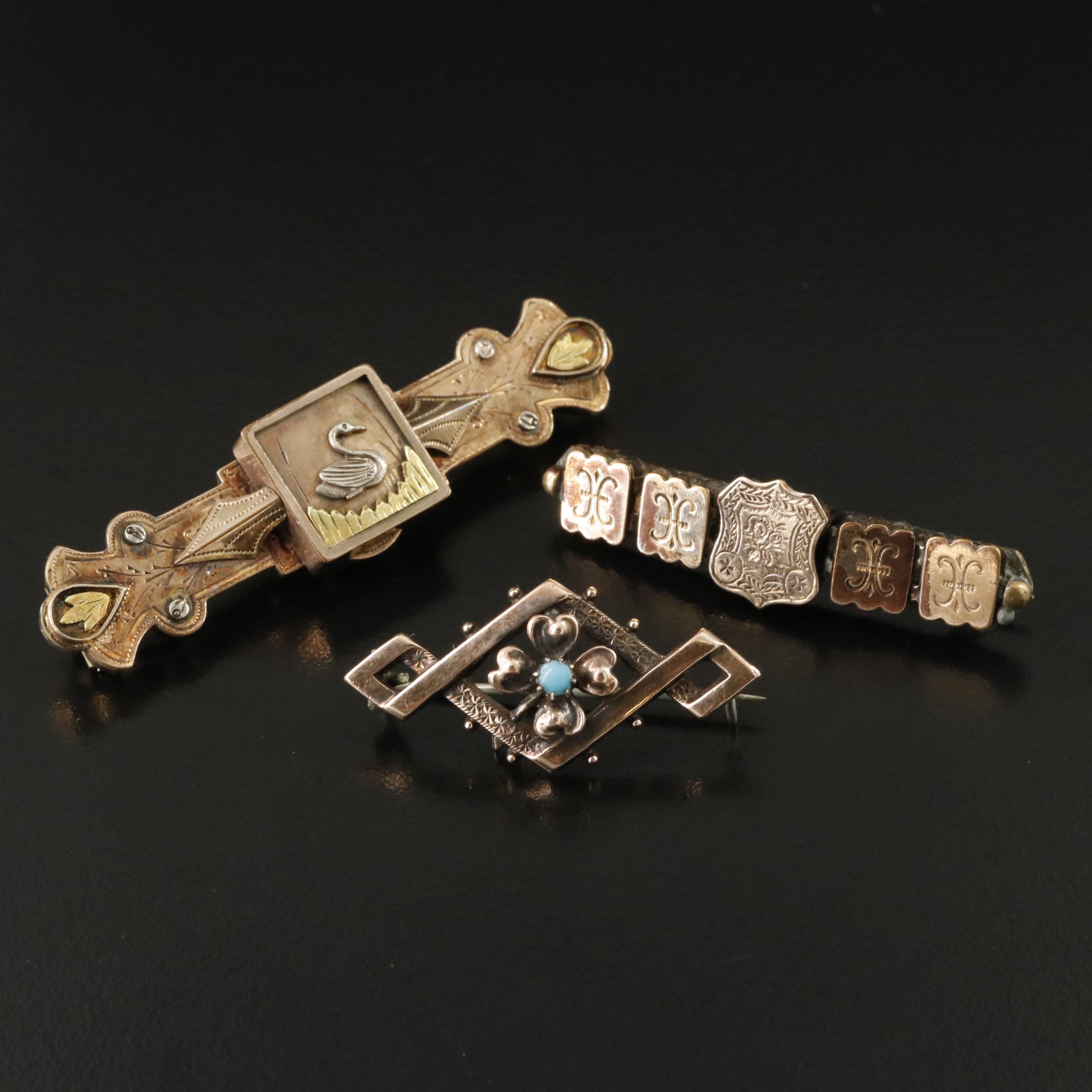 Antique Pins Including Victorian and Russian 875 Silver