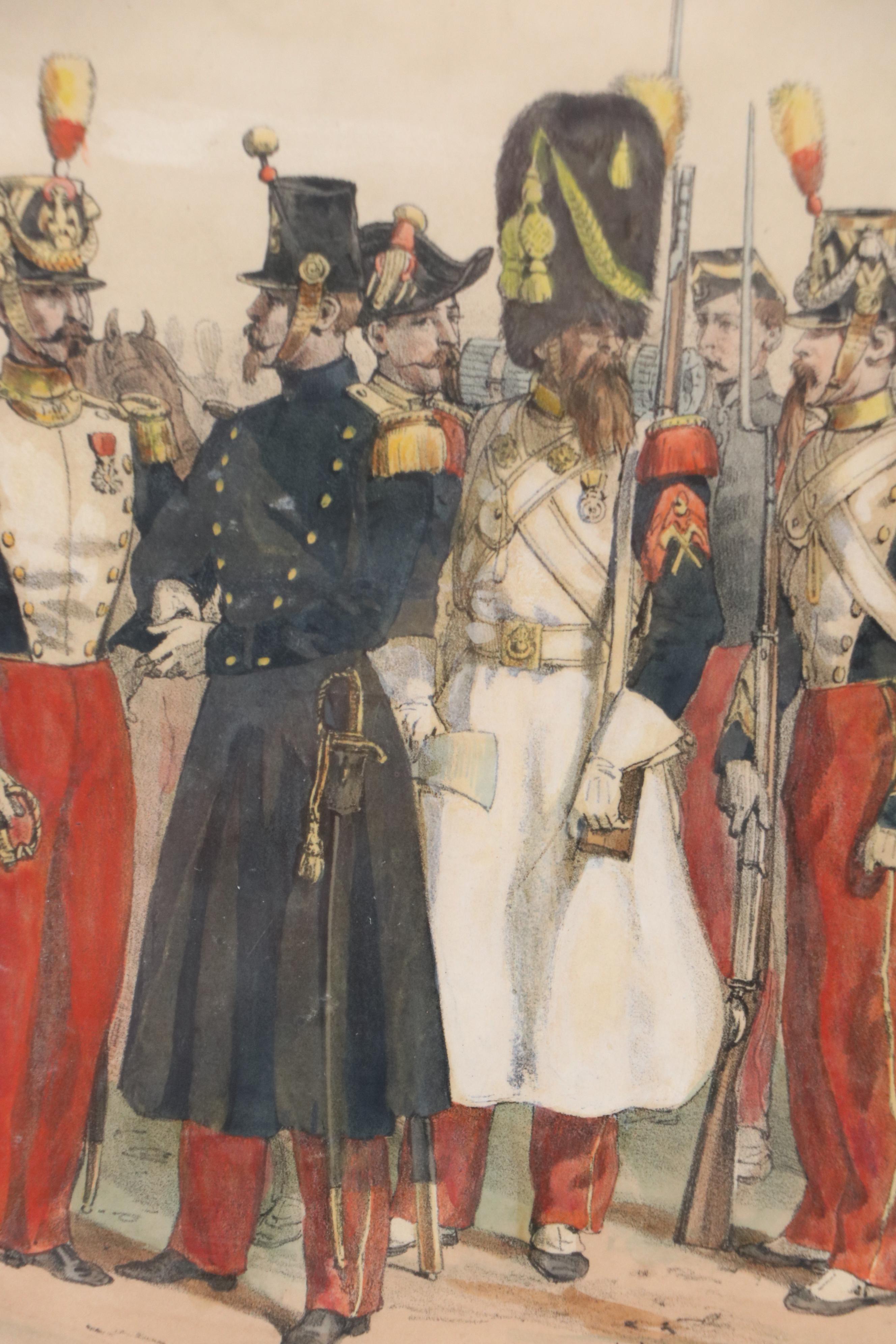 French School Hand-Colored Lithograph "Garde Impériale (Voltigeurs)," 19th C.