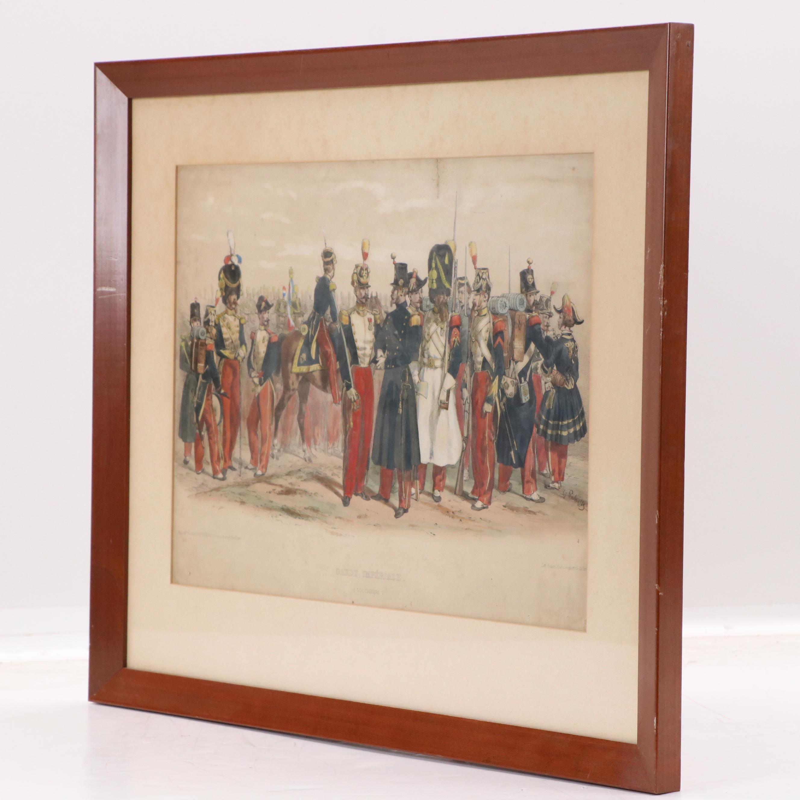 French School Hand-Colored Lithograph "Garde Impériale (Voltigeurs)," 19th C.