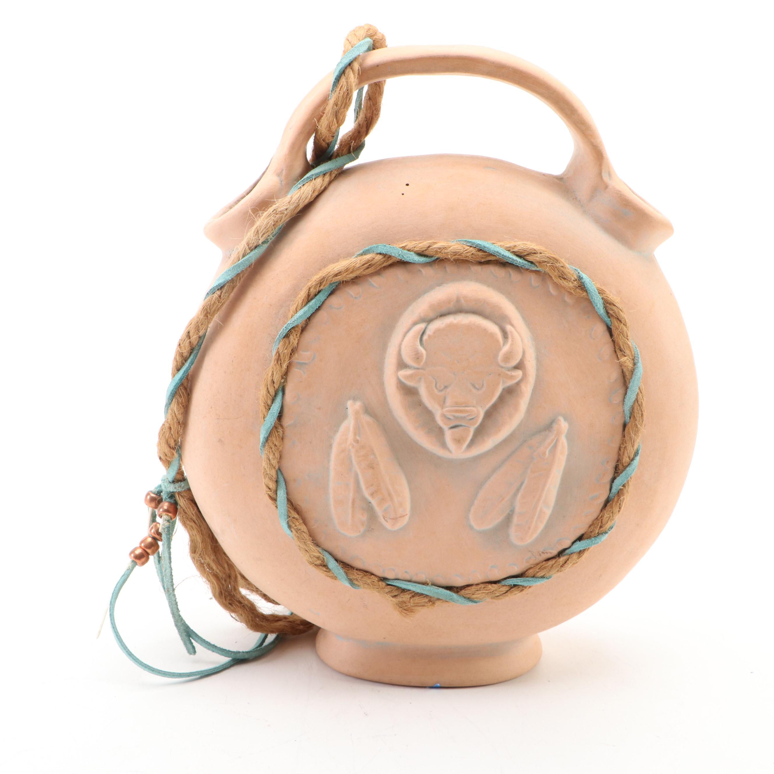 Artist Signed Southwestern Motif Ceramic Canteen, 1990