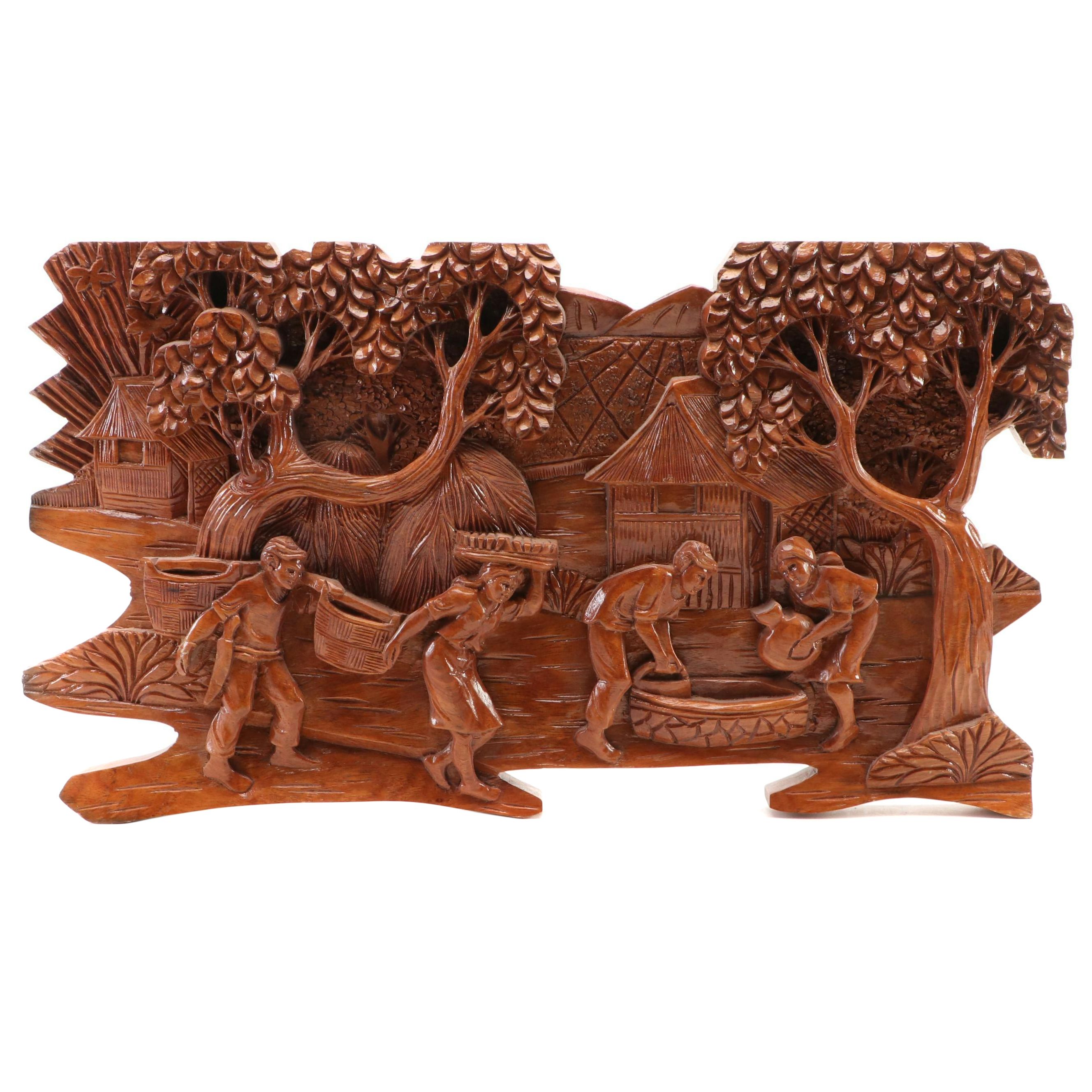 Filipino Carved Wood Bas-Relief Plaque of a Village