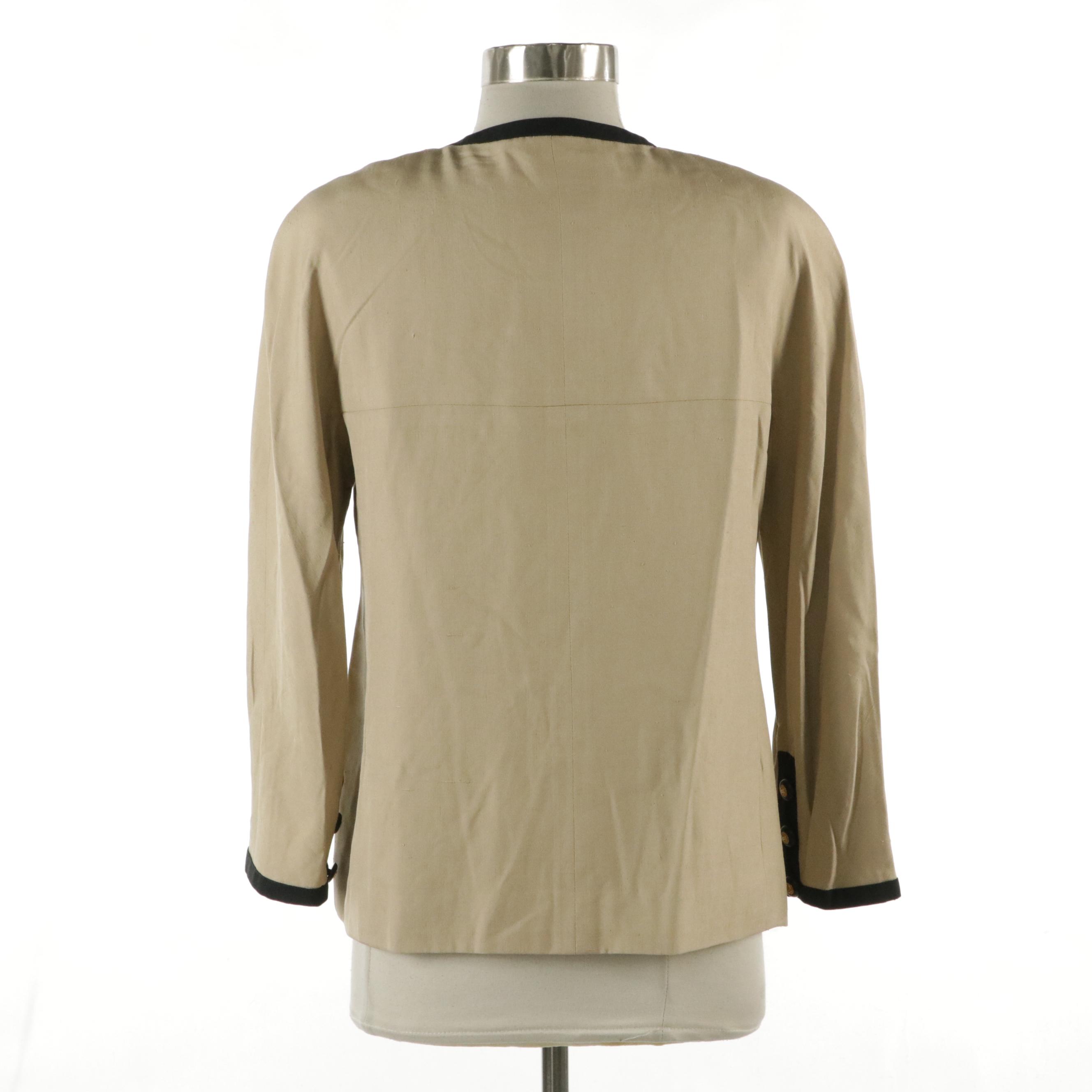 Chanel Boutique Collarless Jacket with Contrast Ribbon Trim in Silk Shantung