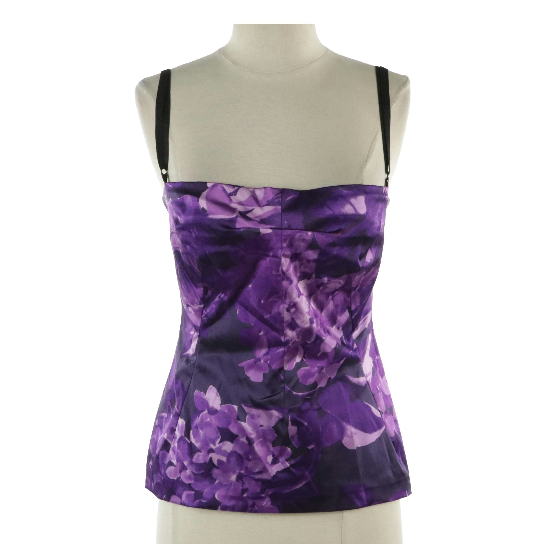 Dolce & Gabanna Zip-Up Bustier Top in Violet Floral Print Stretch Silk
