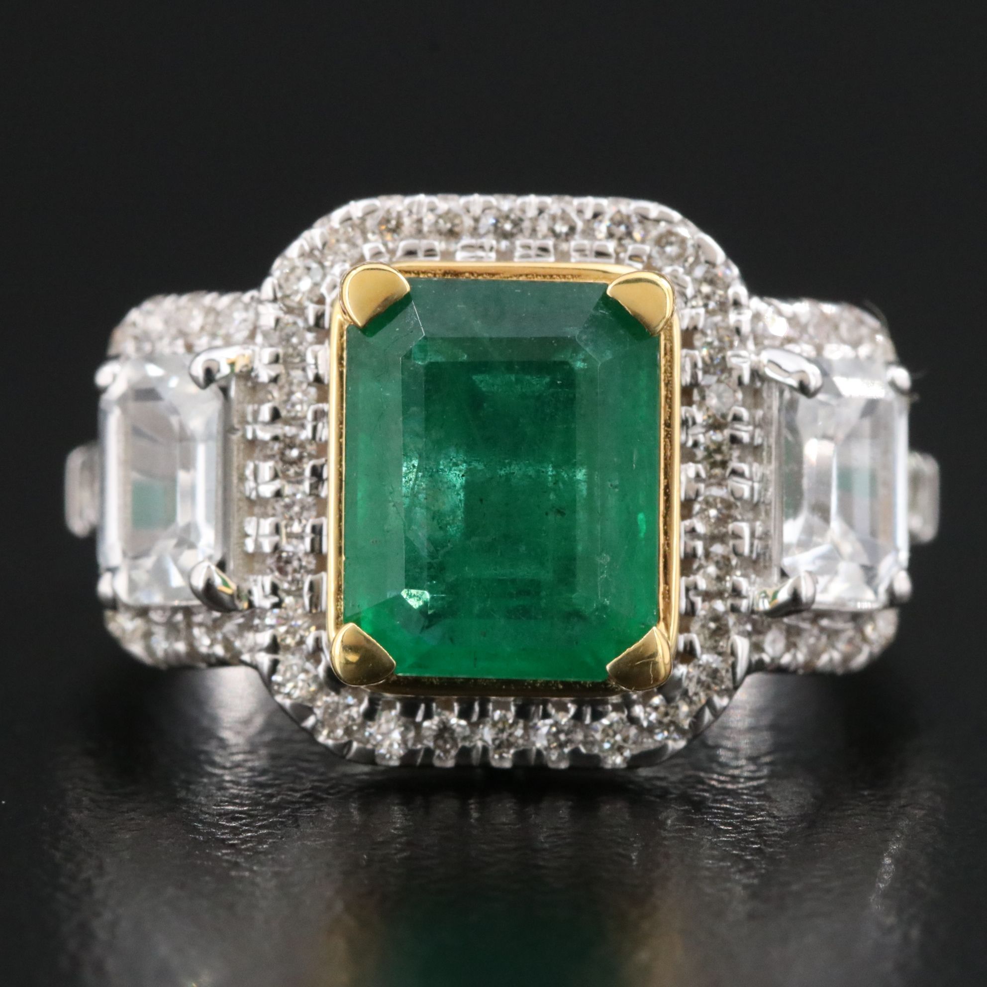 14K 2.52 CT Emerald, White Sapphire and Diamond Ring with IGI Report