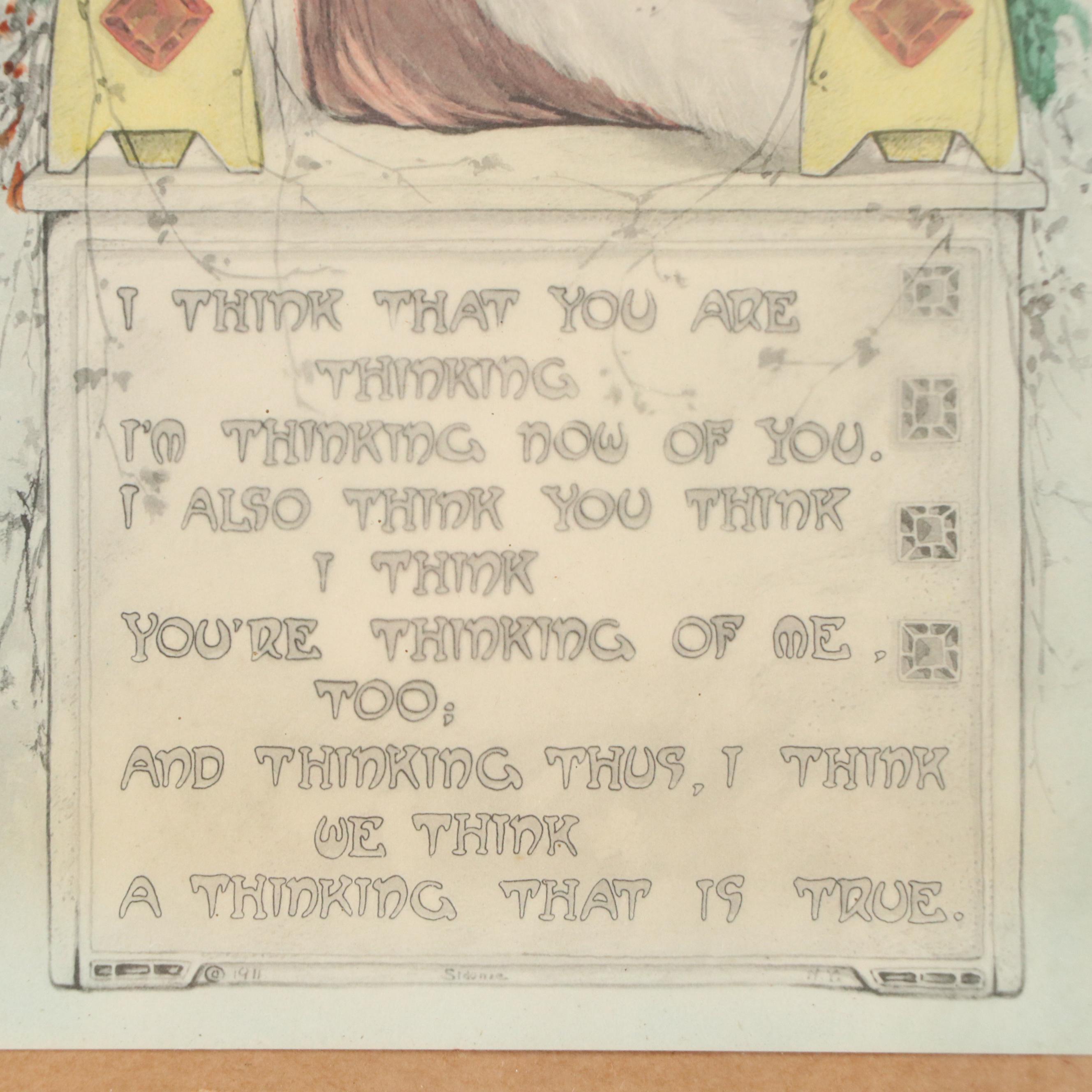 Hand-Colored Collotype Illustration of Woman in Fur Hat with Poem, 1913