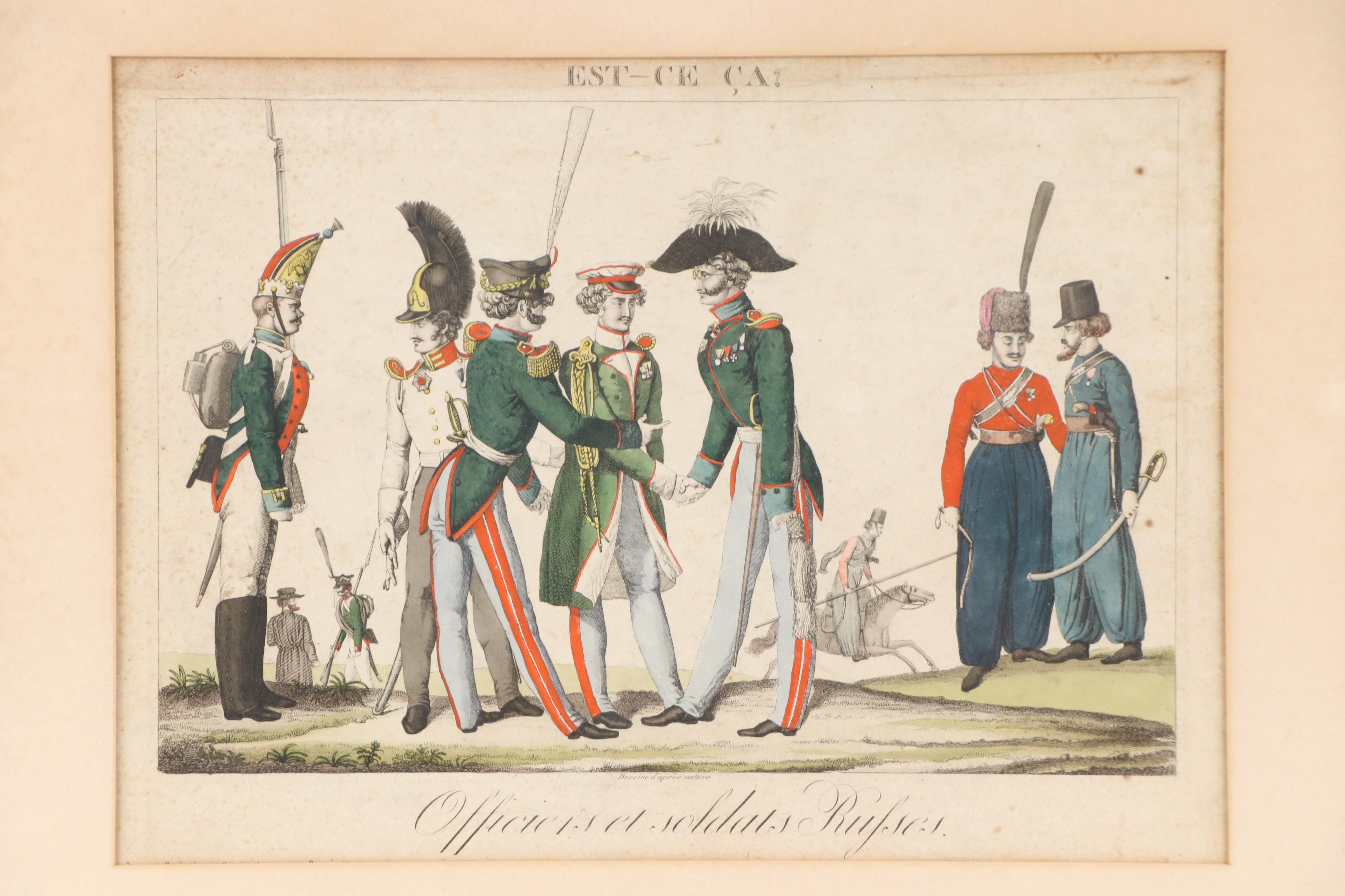 French Hand-Colored Engraving "Officiers et Soldats Russes," 19th C.