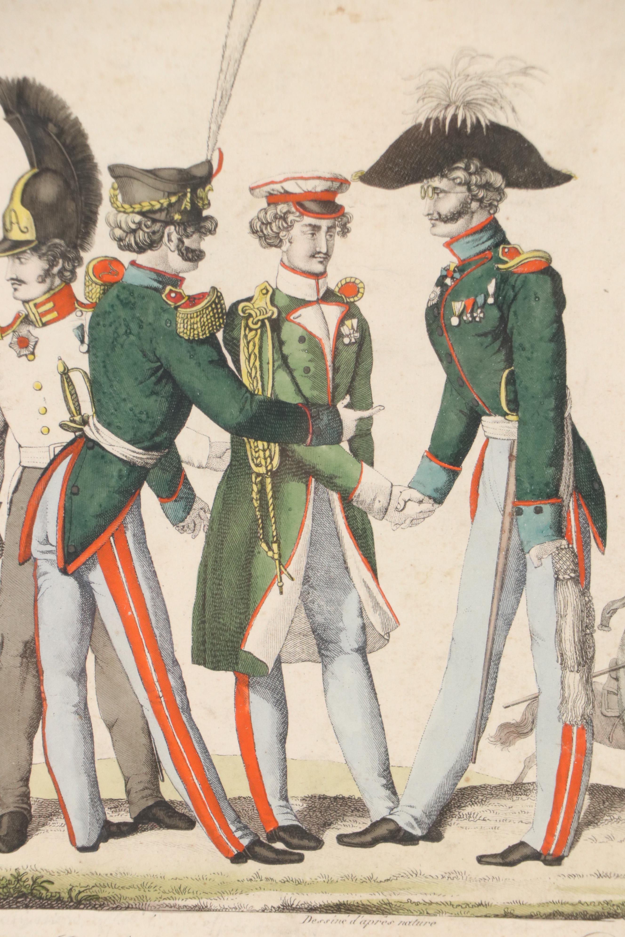 French Hand-Colored Engraving "Officiers et Soldats Russes," 19th C.