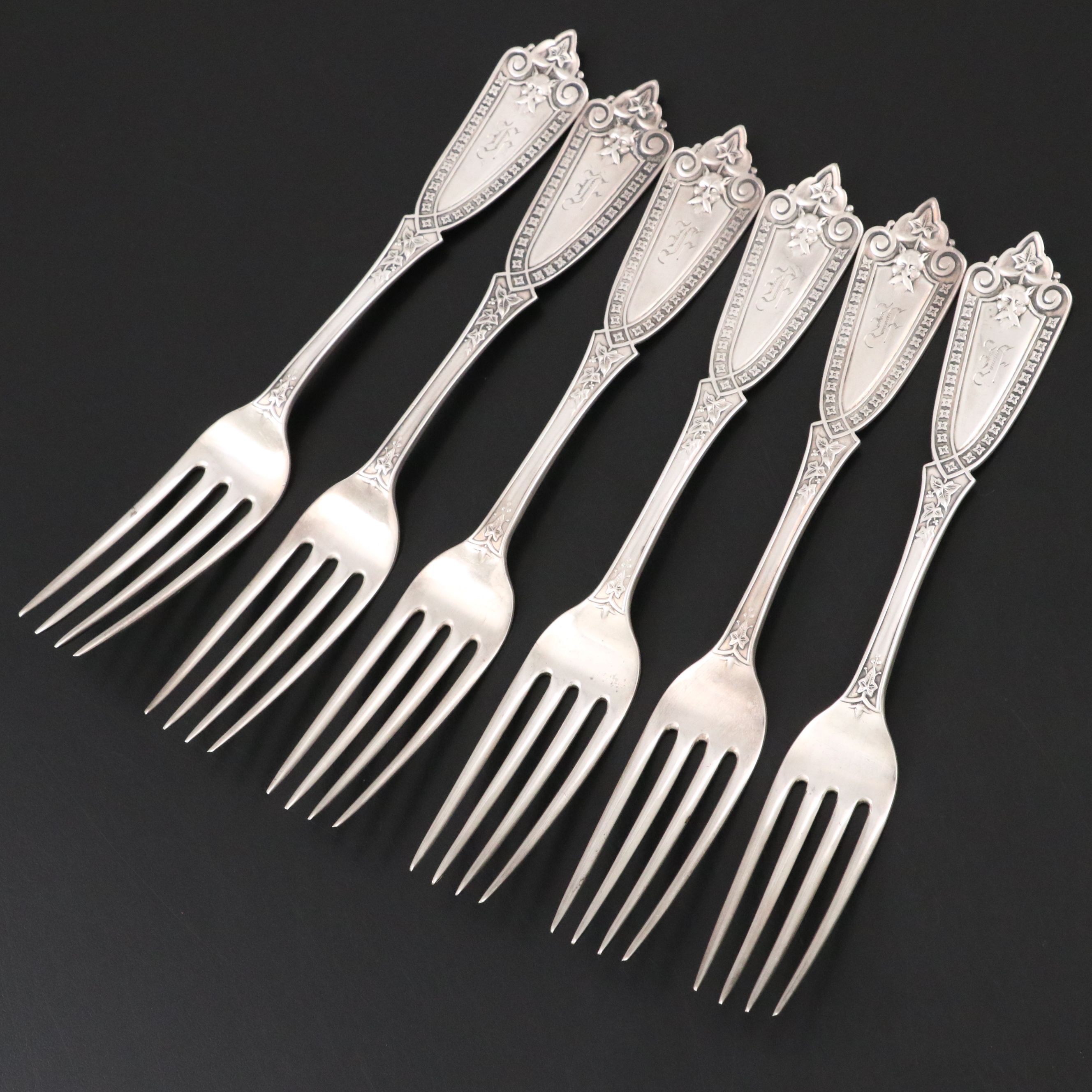 H Semken Aesthetic Movement Style Sterling Silver Forks, Late 19th Century