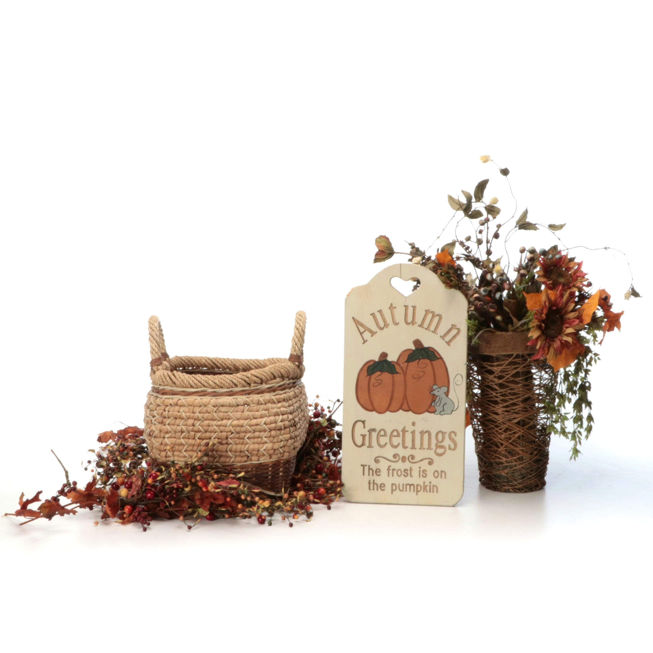 Artificial Autumn Wreath, Bouquet, Basket and Board