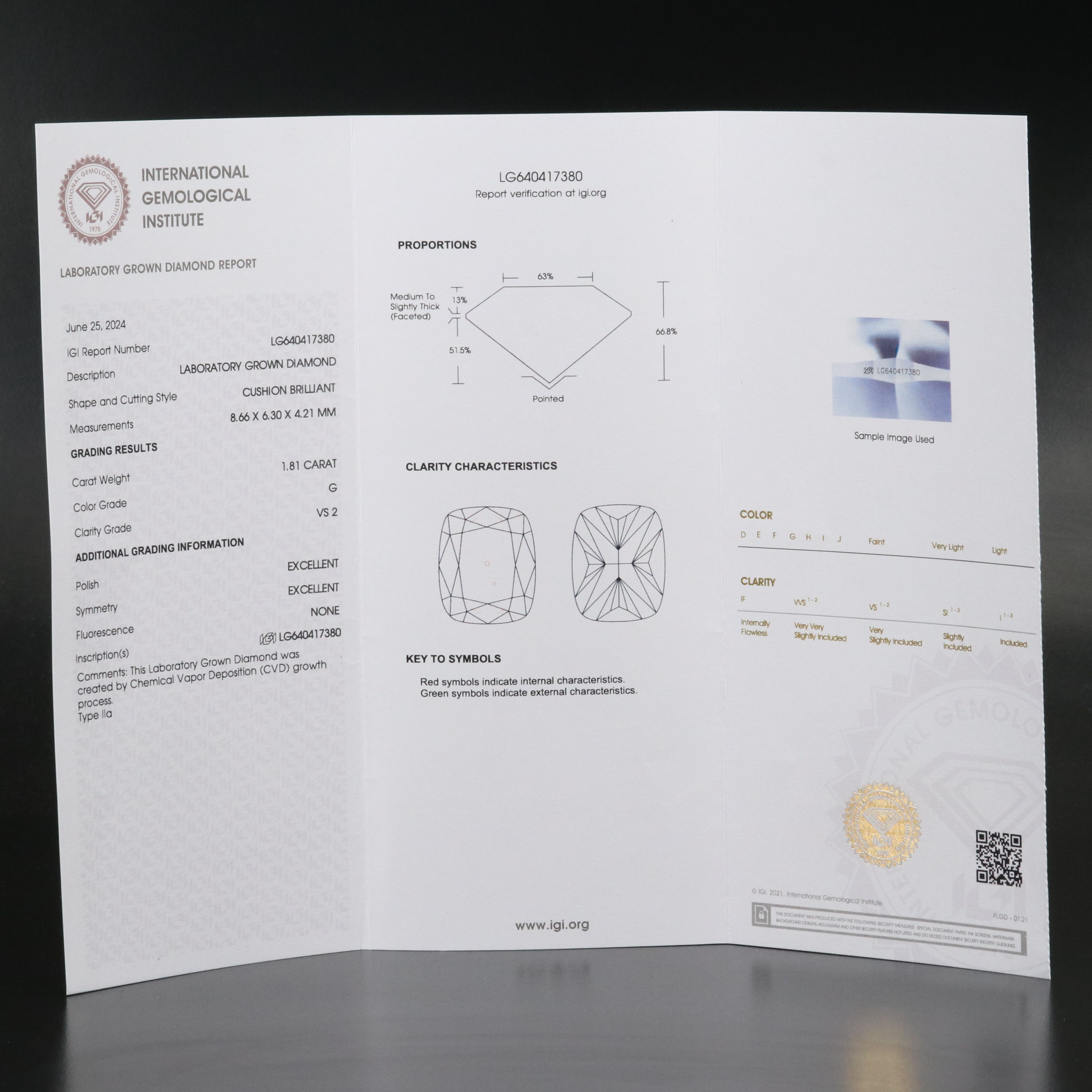 Loose 1.81 CT Lab Grown Diamond with IGI Report