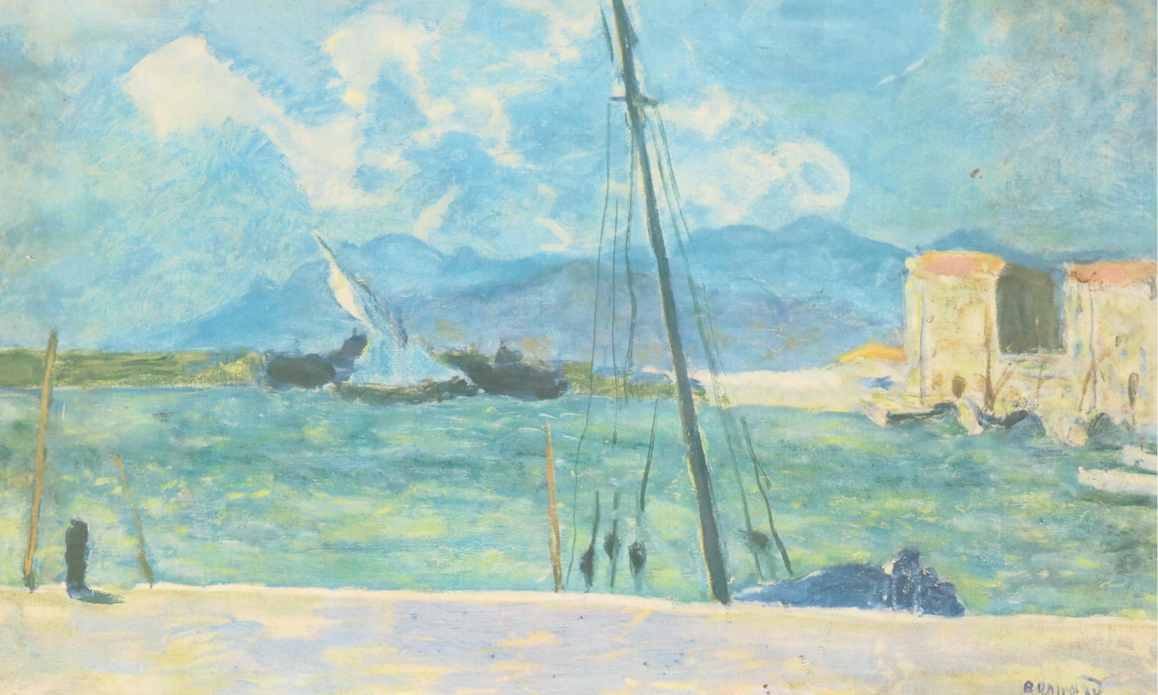 Gouache Mountain Landscape with Offset Lithographs of European Landscapes