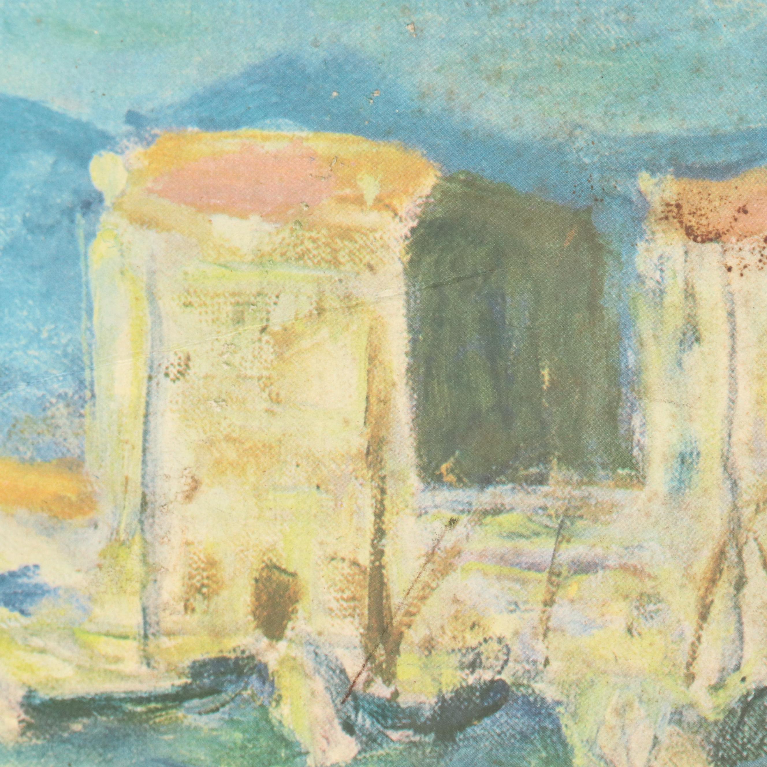 Gouache Mountain Landscape with Offset Lithographs of European Landscapes