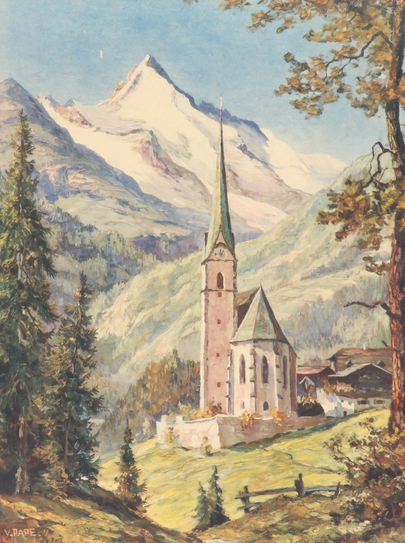 Gouache Mountain Landscape with Offset Lithographs of European Landscapes