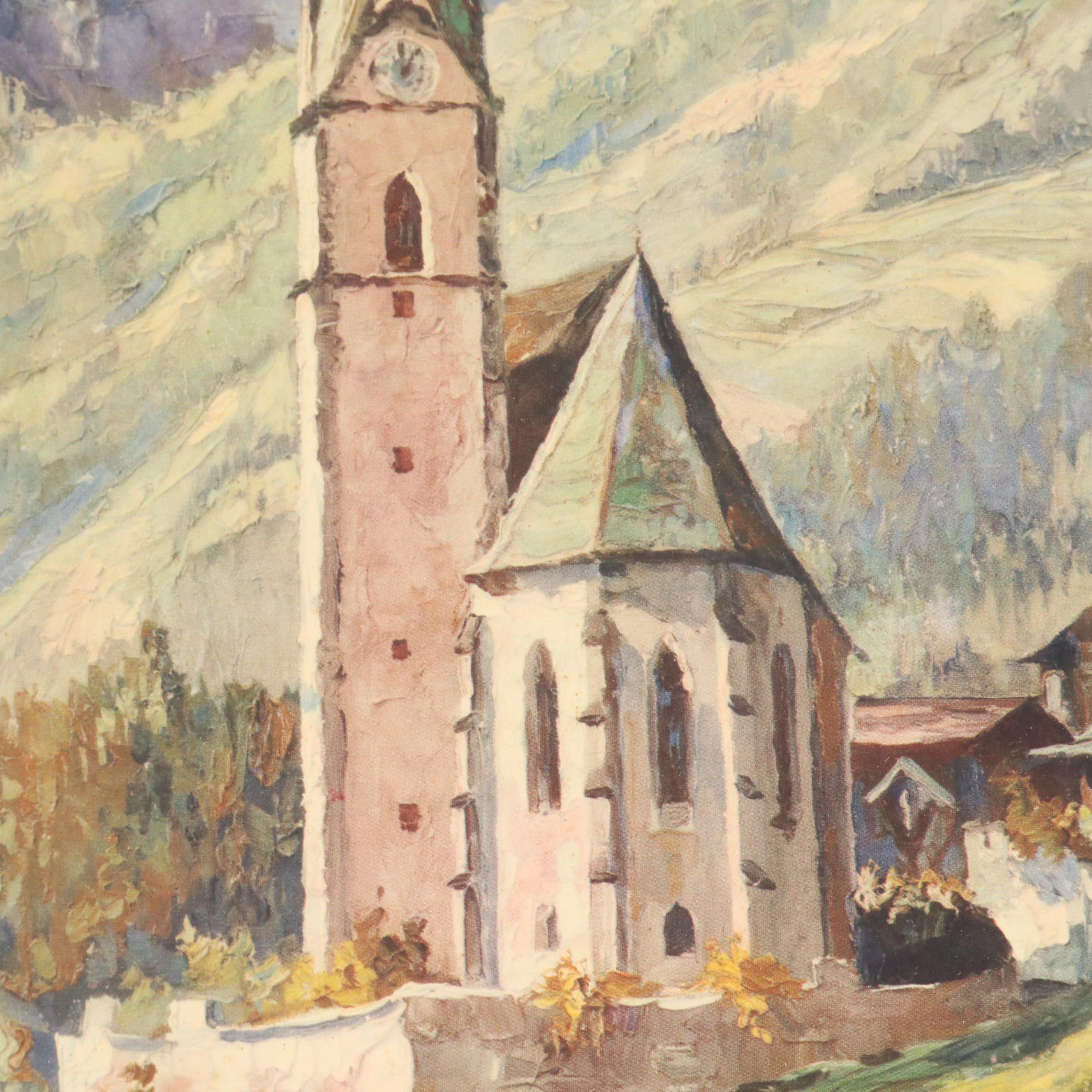 Gouache Mountain Landscape with Offset Lithographs of European Landscapes