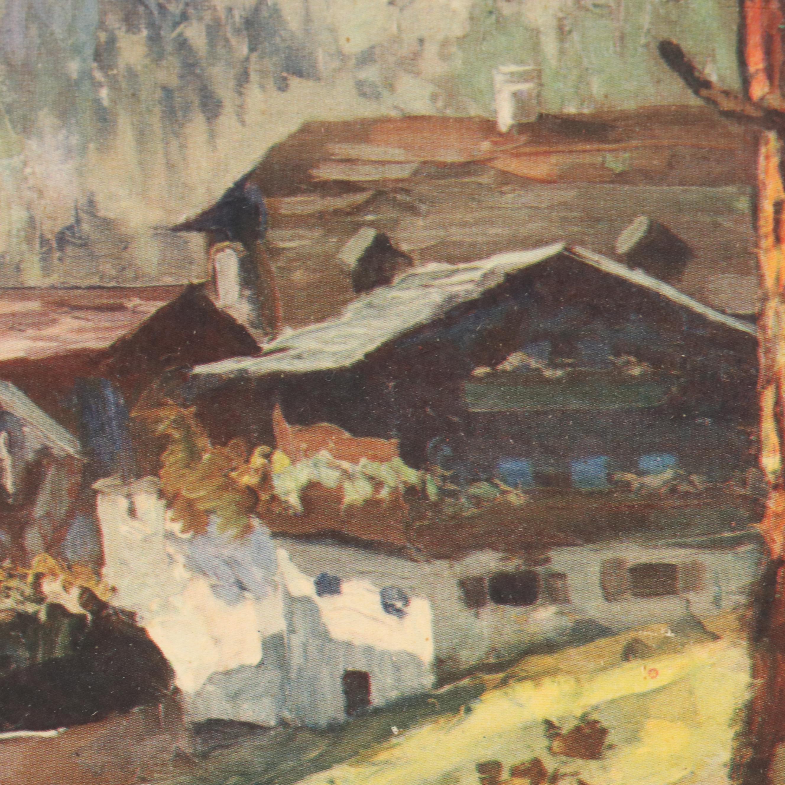 Gouache Mountain Landscape with Offset Lithographs of European Landscapes