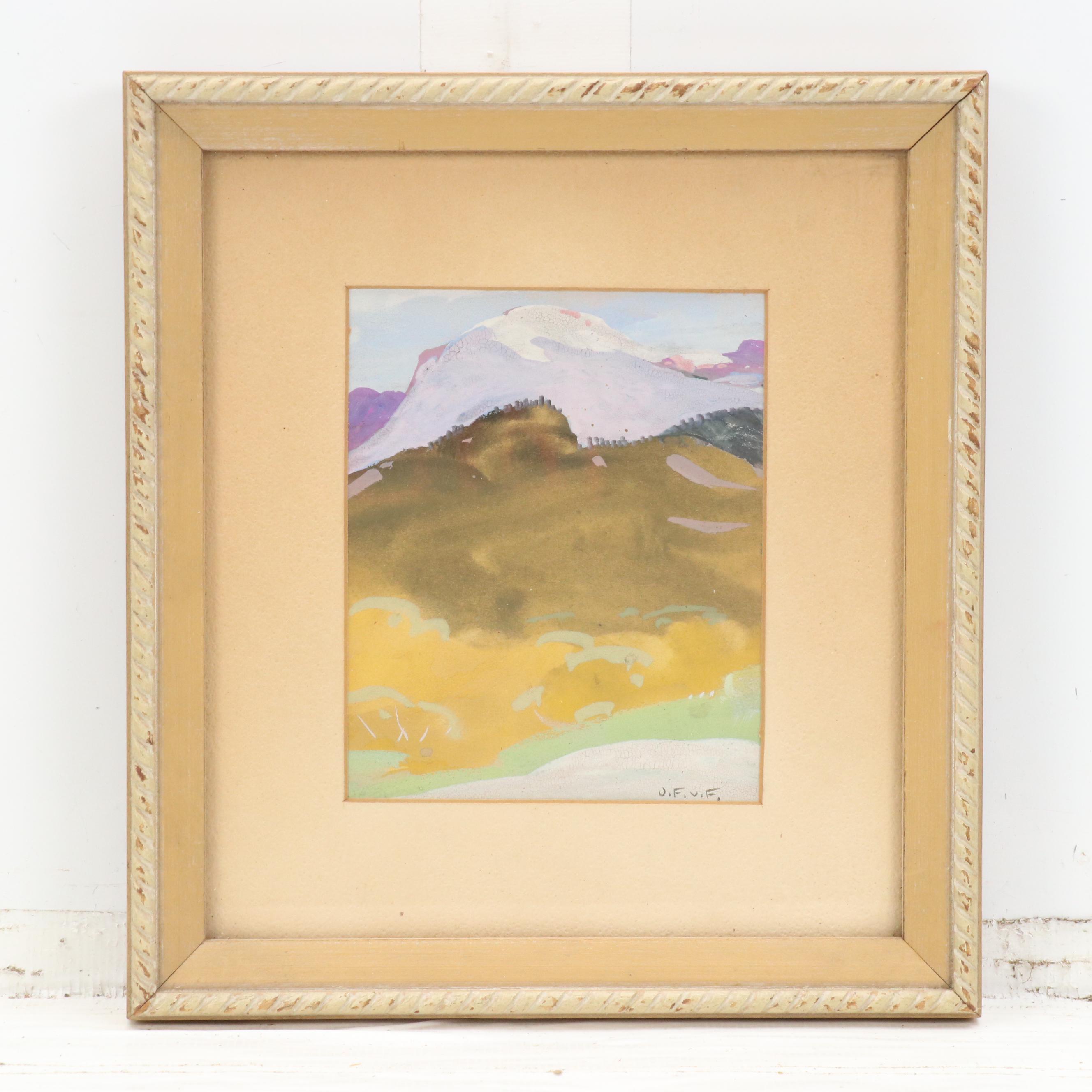 Gouache Mountain Landscape with Offset Lithographs of European Landscapes
