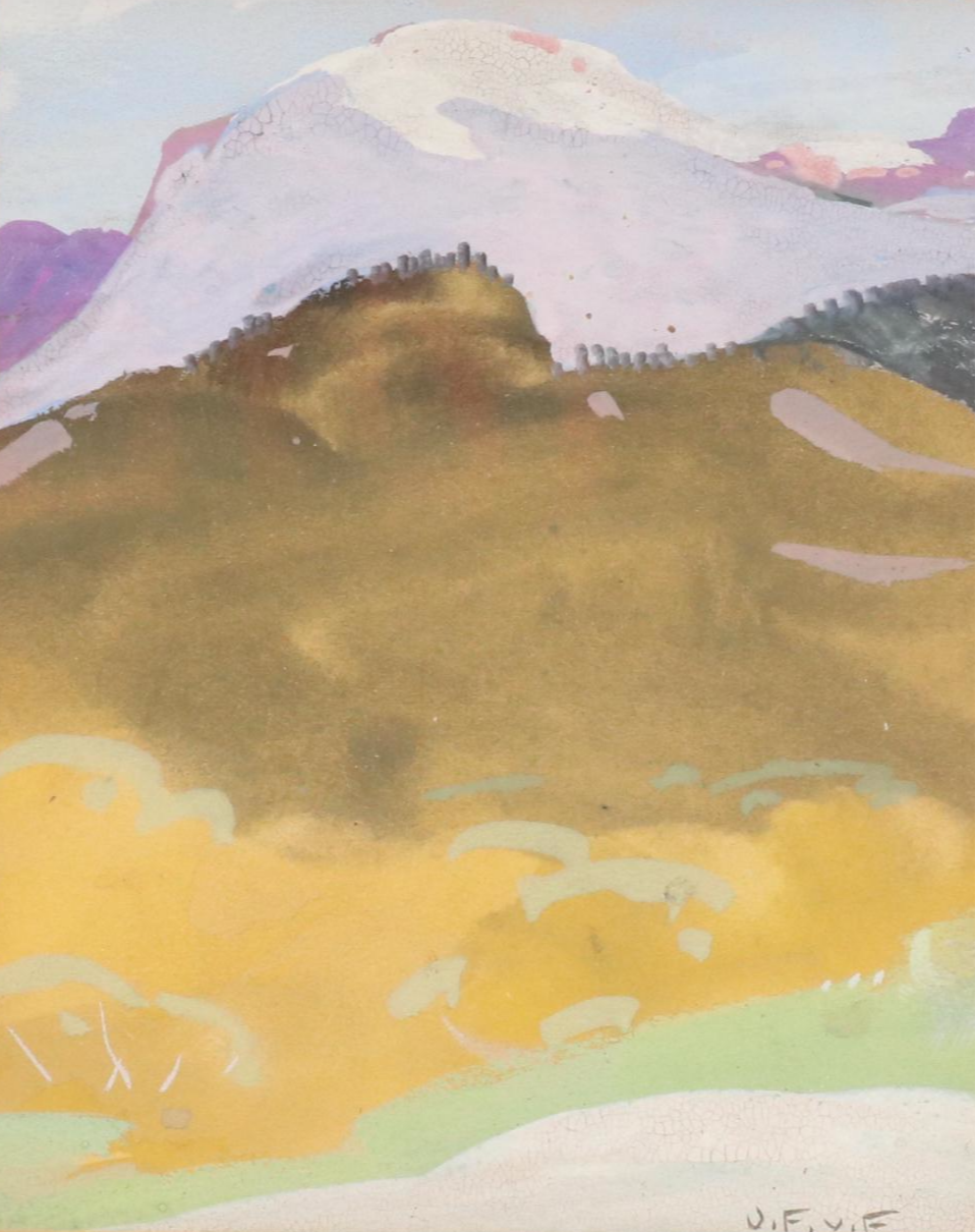 Gouache Mountain Landscape with Offset Lithographs of European Landscapes
