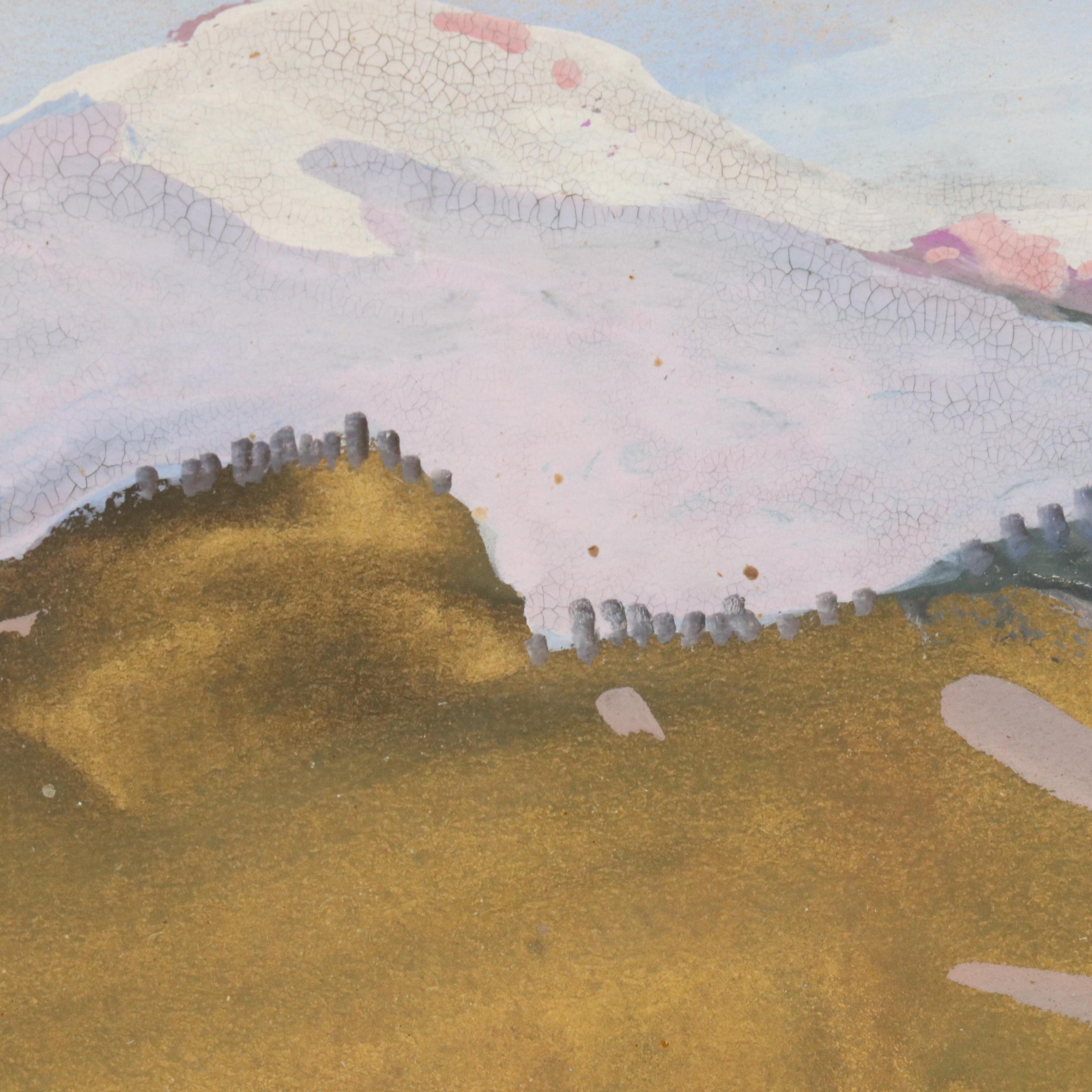 Gouache Mountain Landscape with Offset Lithographs of European Landscapes