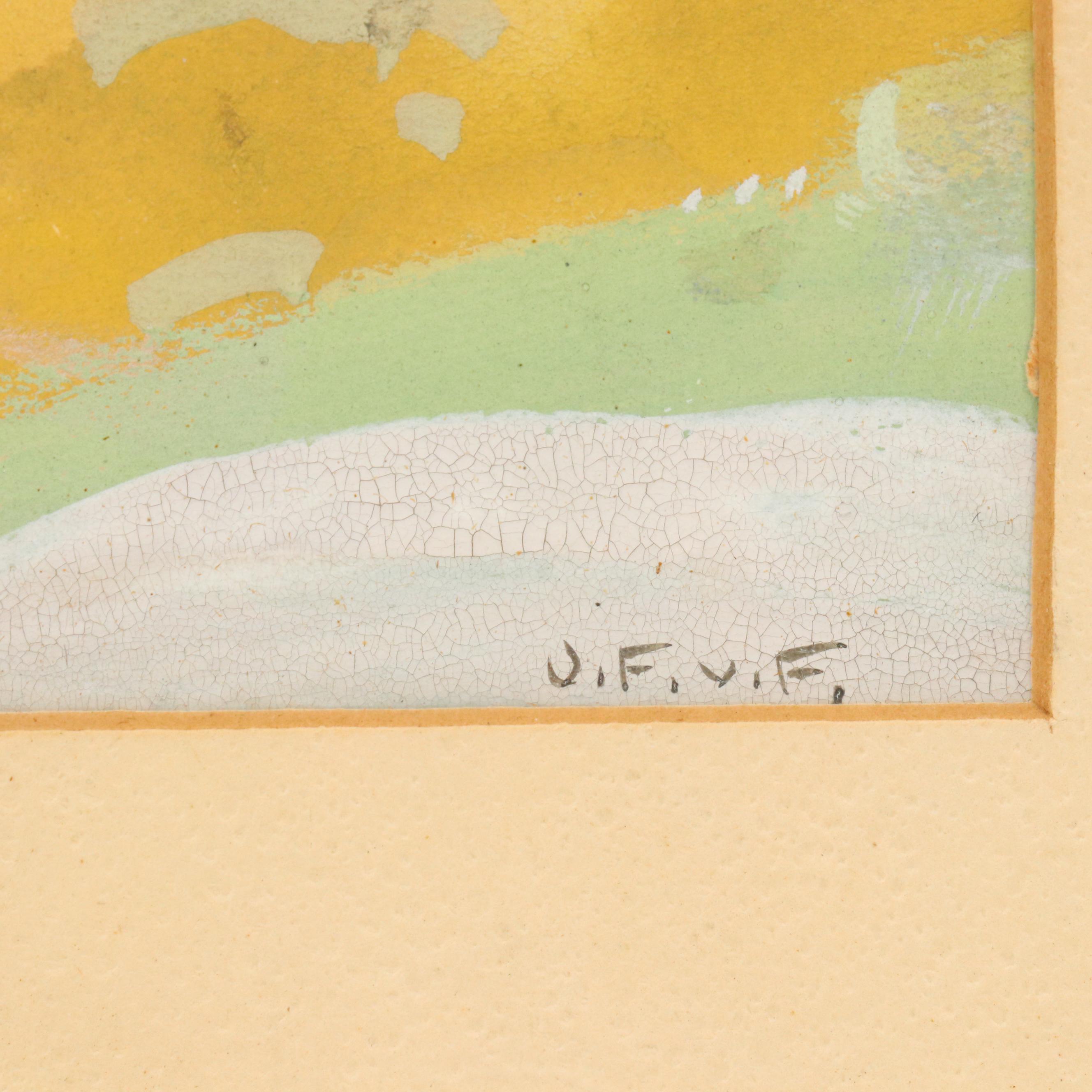 Gouache Mountain Landscape with Offset Lithographs of European Landscapes