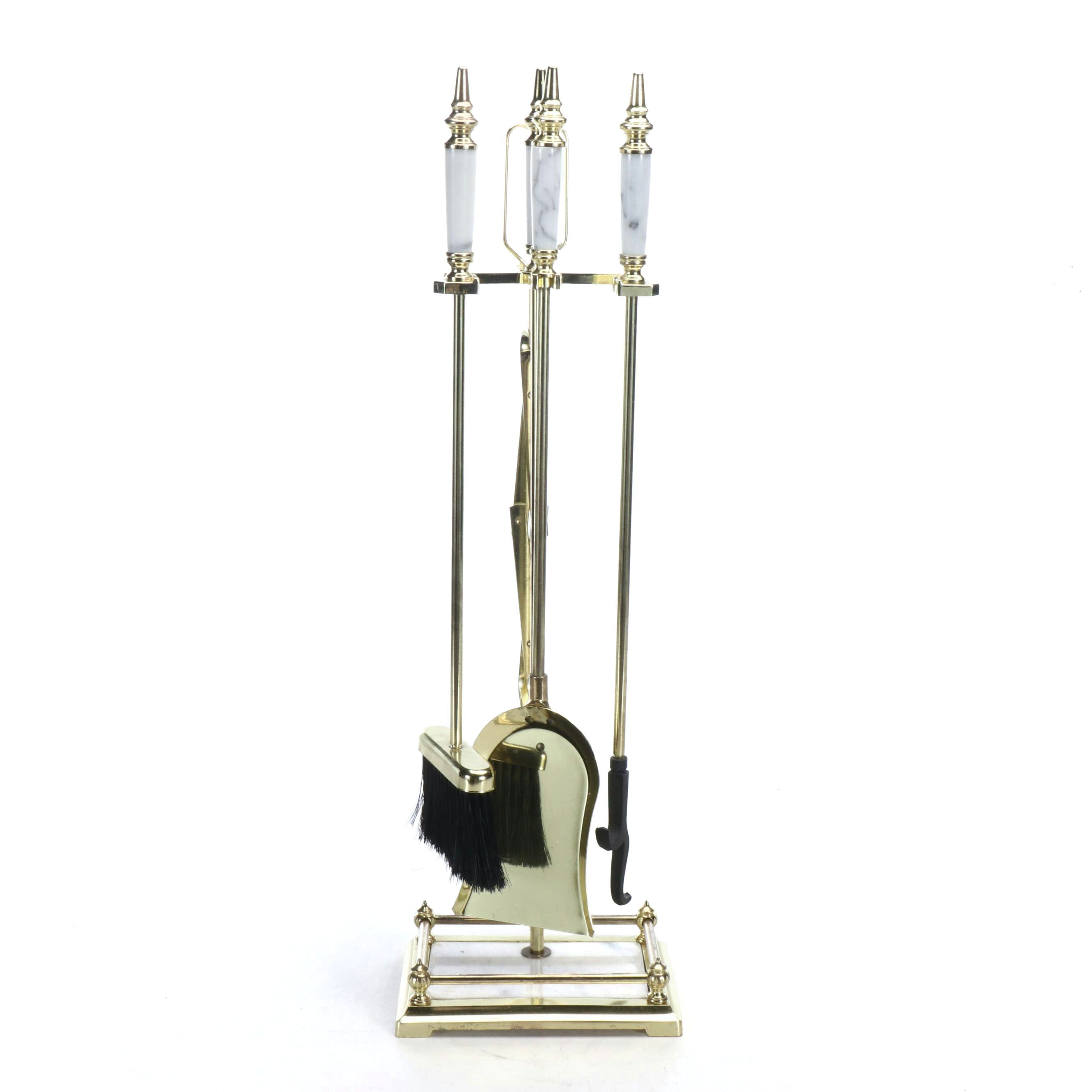 Brass and Marble Handled Fireplace Tool Set
