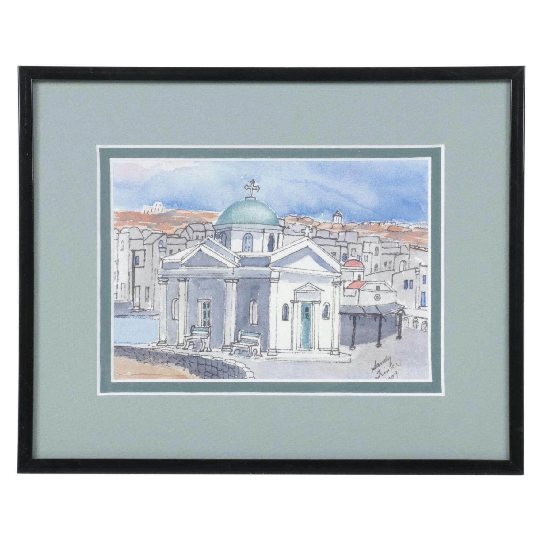 Sandy Trinter Watercolor of Agios Nikolakis Church, 2009