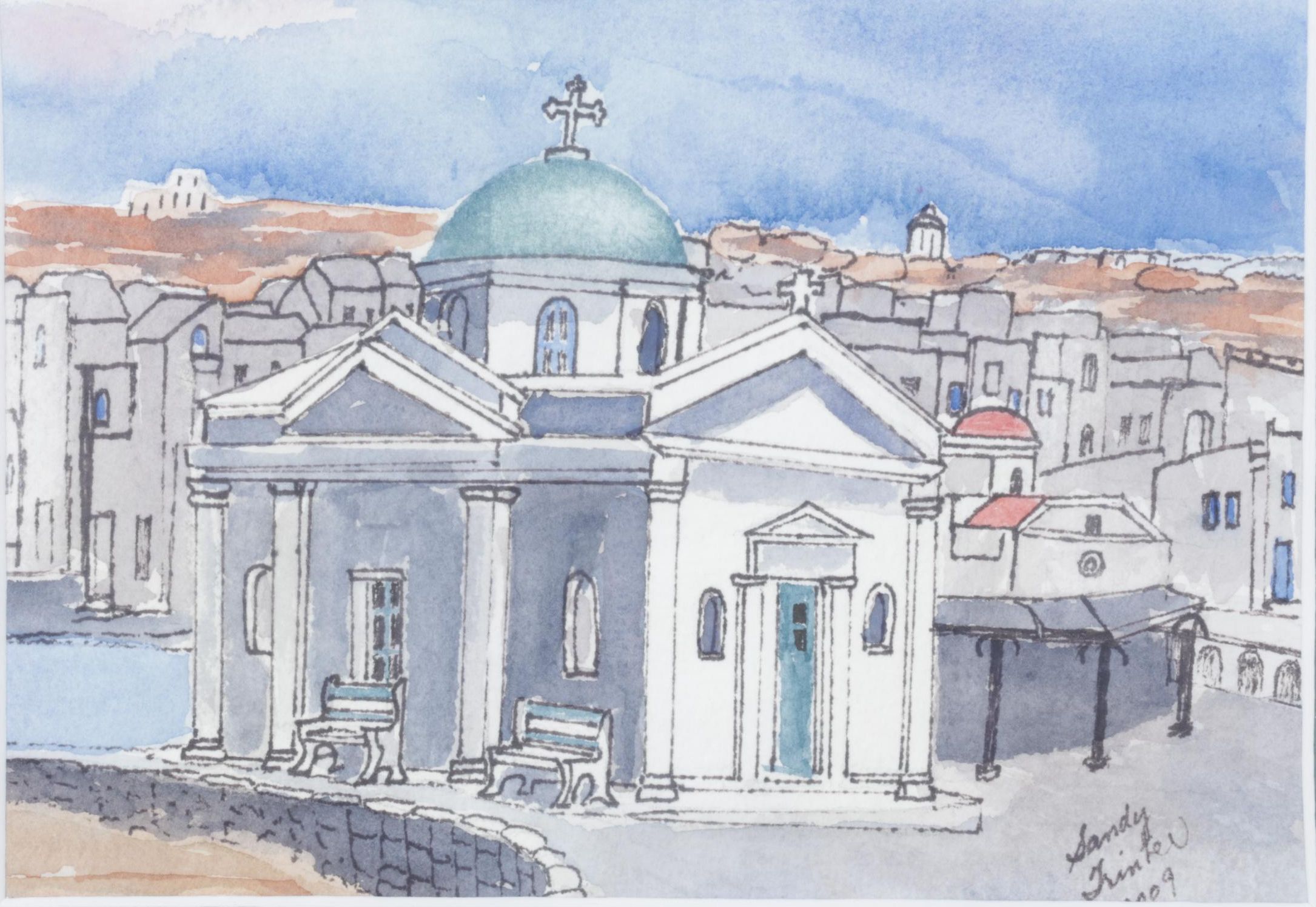 Sandy Trinter Watercolor of Agios Nikolakis Church, 2009