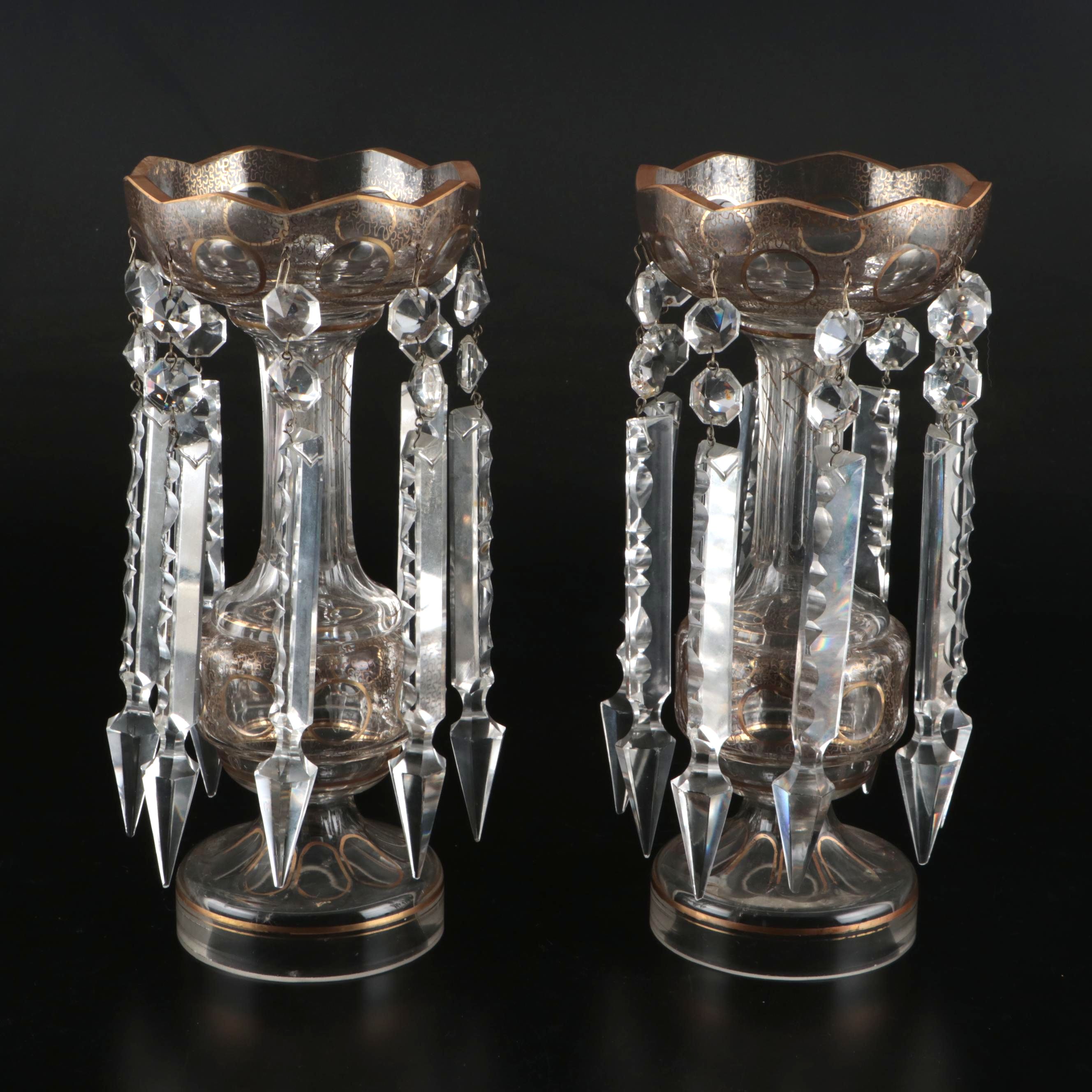 Pair of Victorian Bohemian Style Gilt Decorated Glass Mantel Lusters