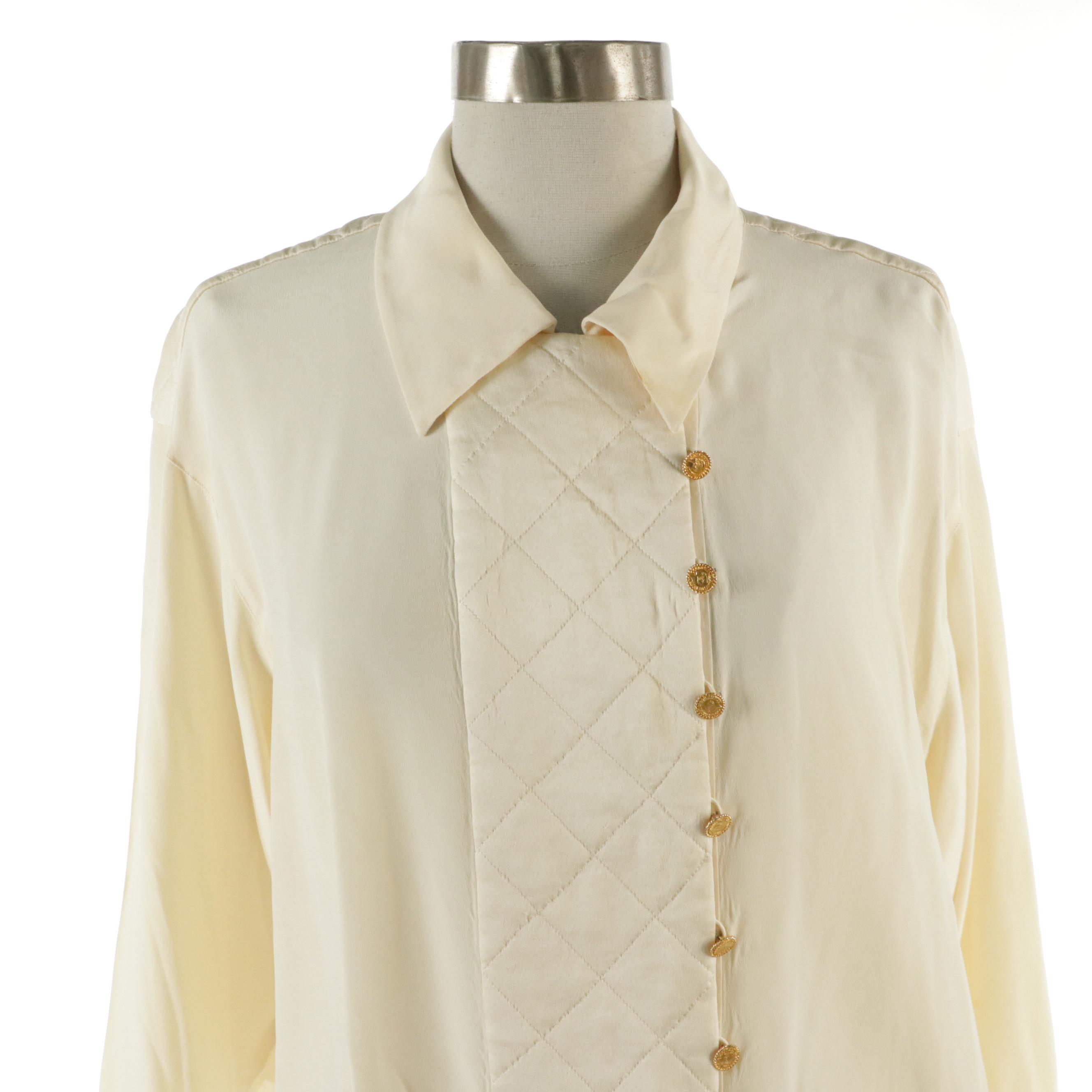 Chanel Boutique Asymmetrical Blouse with Quilted Trim in Silk