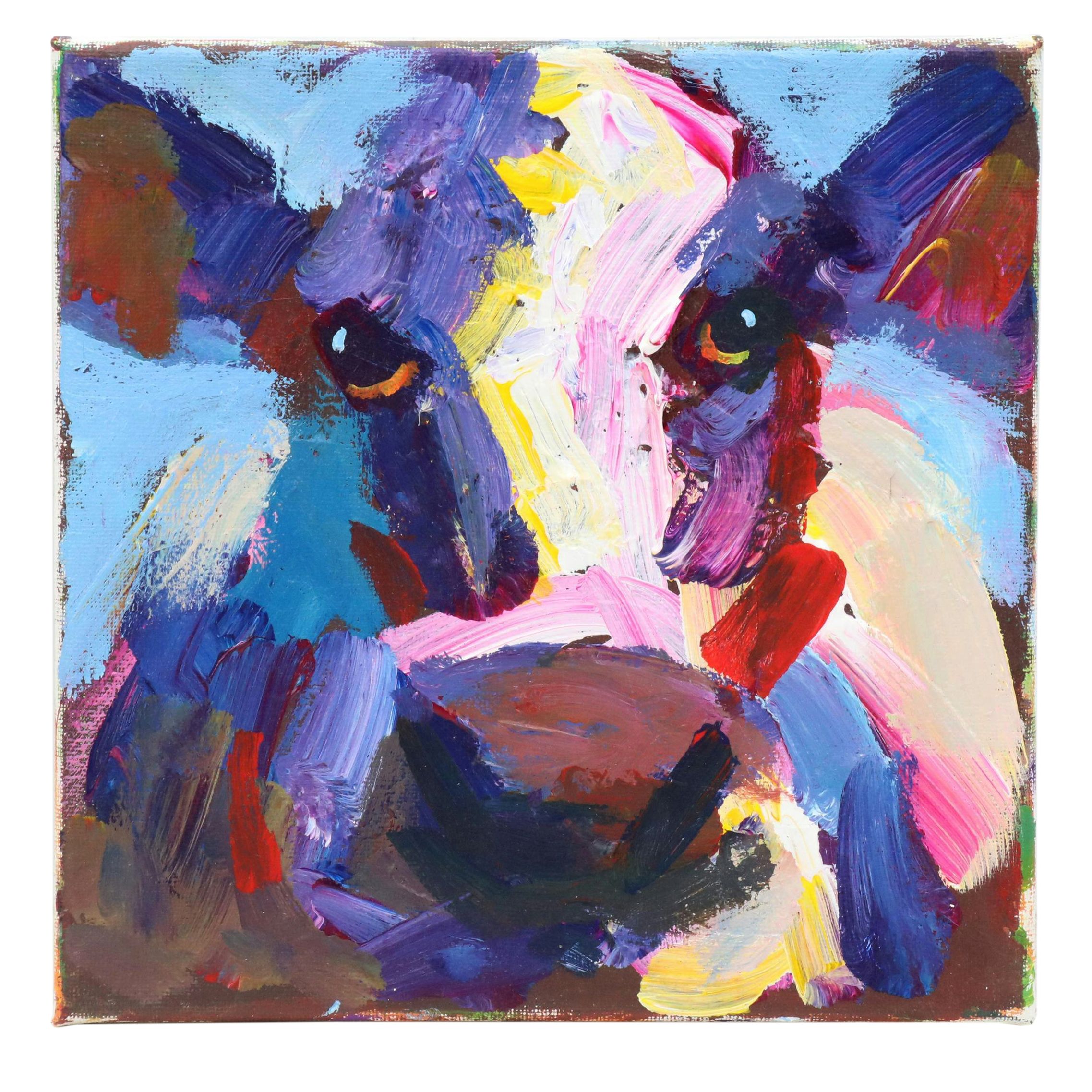 Elle Raines Stylized Acrylic Painting "Cow," 21st Century