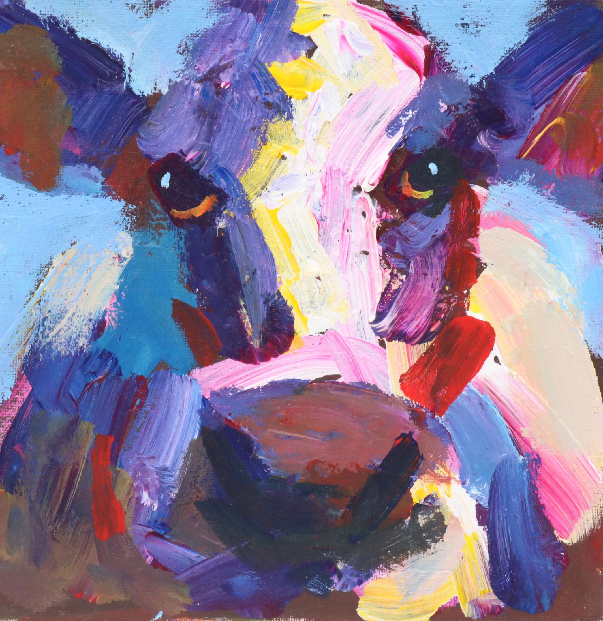 Elle Raines Stylized Acrylic Painting "Cow," 21st Century