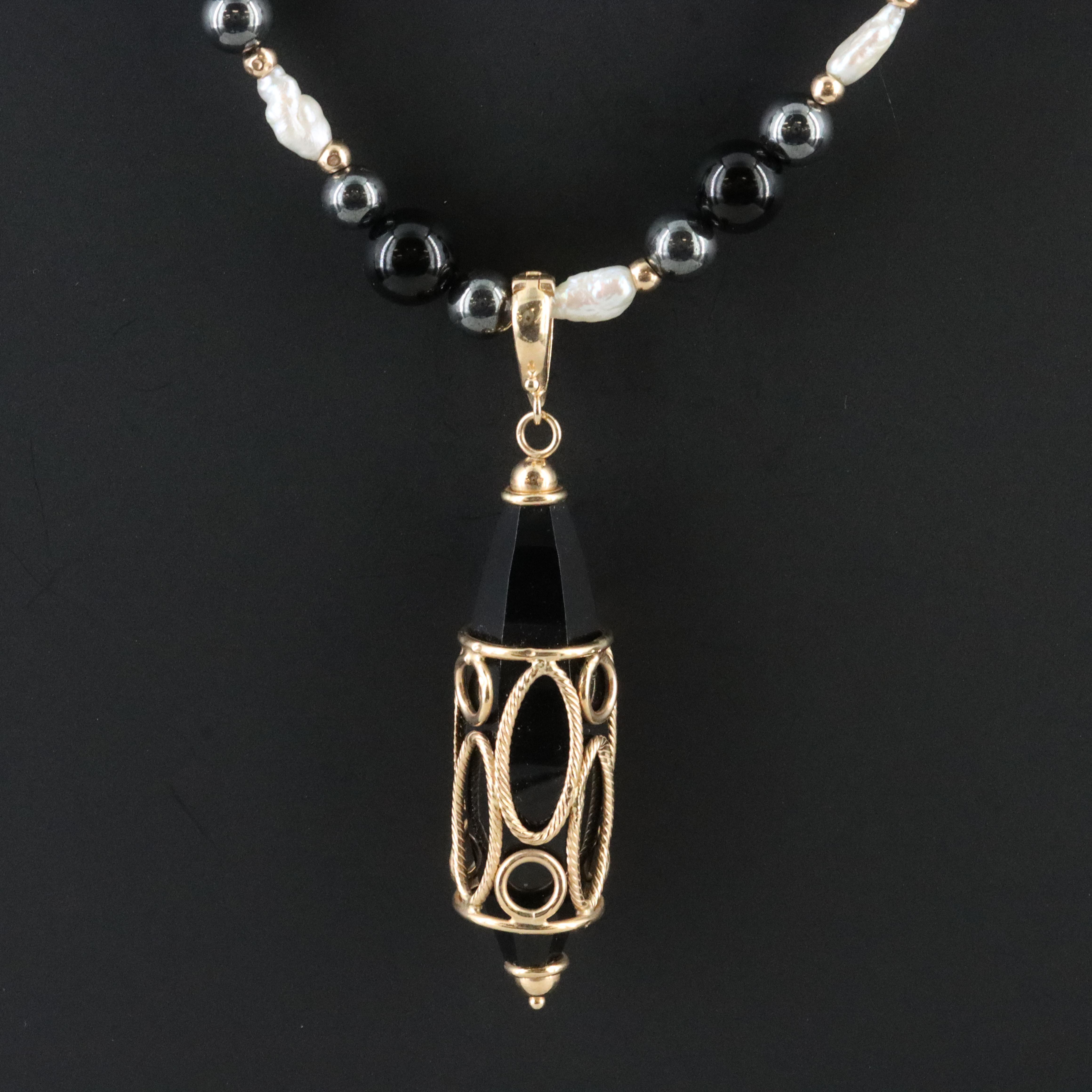 Italian 14K Black Onyx, Pearl, Hematite Enhancer Pendant Necklace with 10K Beads