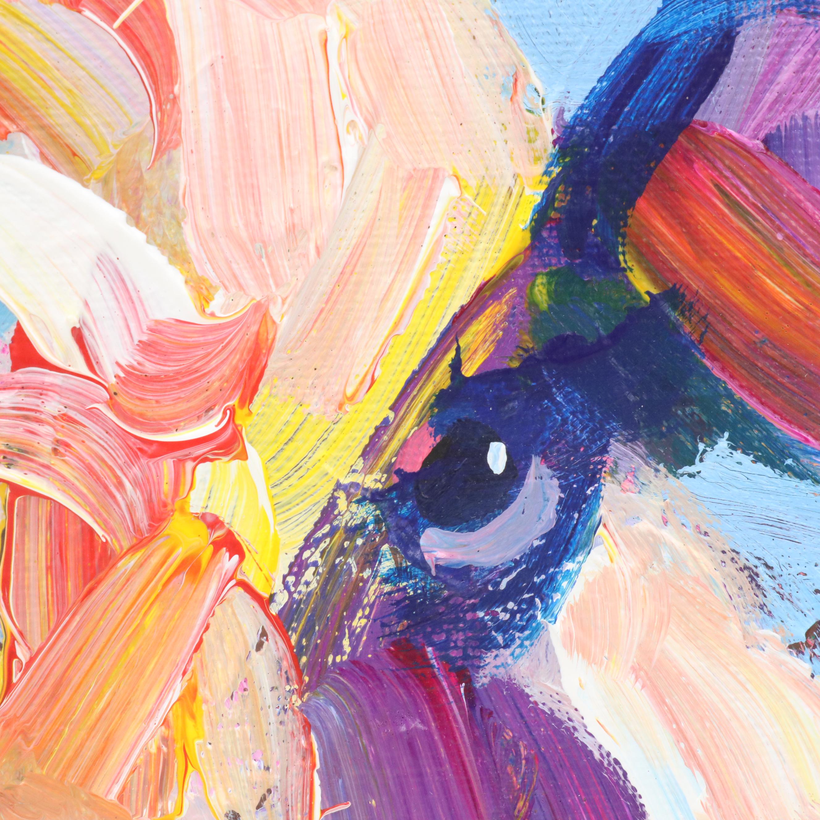 Elle Raines Stylized Acrylic Painting "Cow," 21st Century