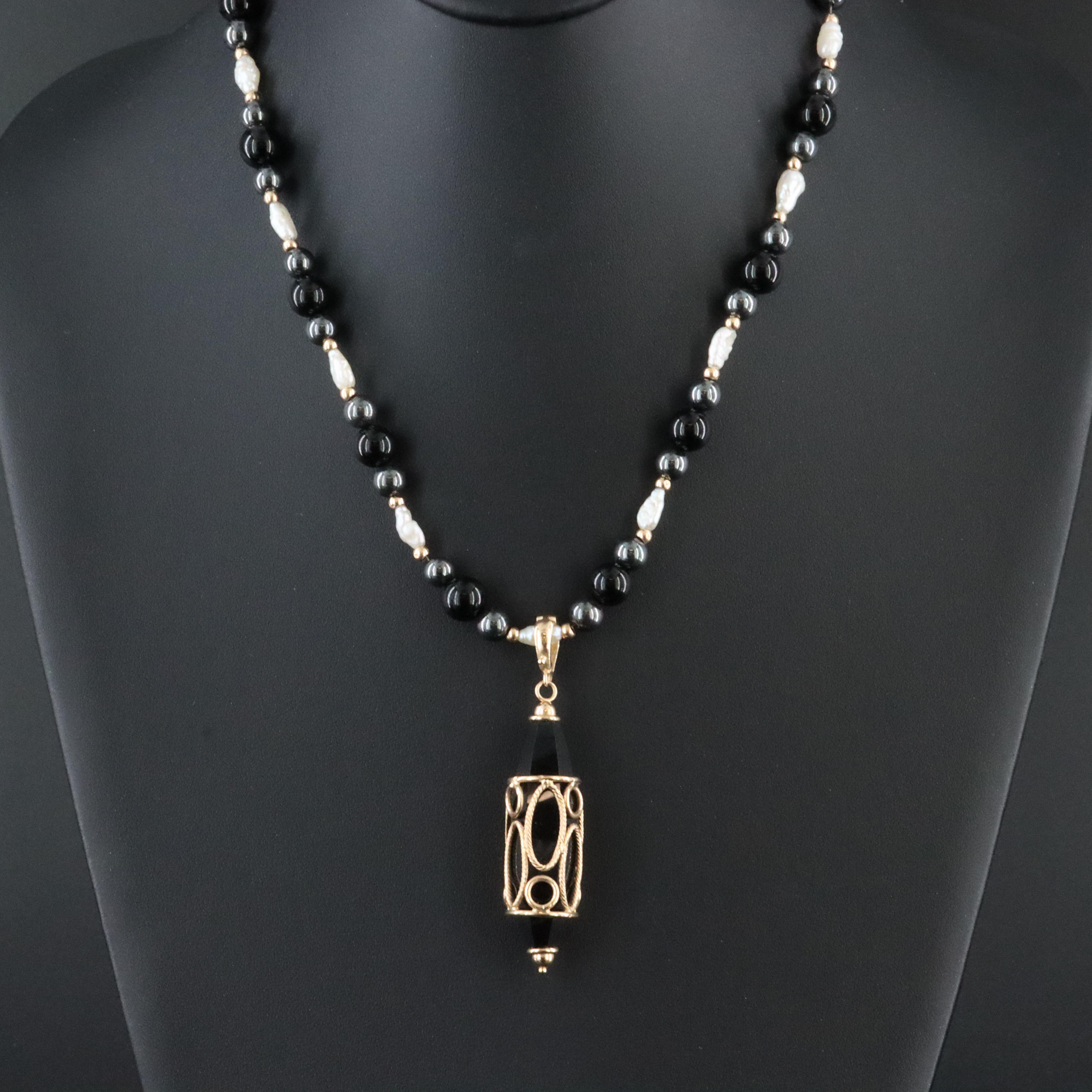 Italian 14K Black Onyx, Pearl, Hematite Enhancer Pendant Necklace with 10K Beads