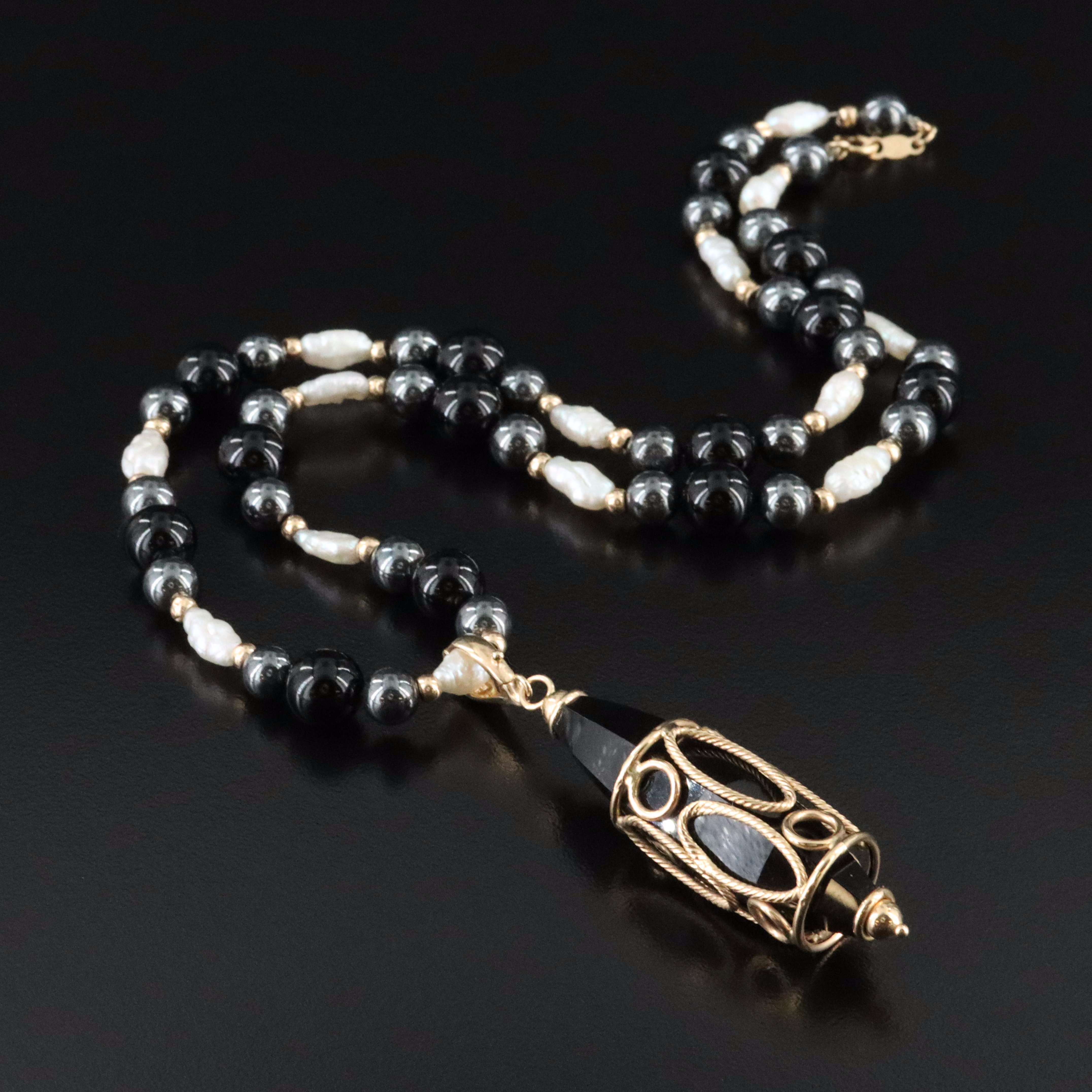 Italian 14K Black Onyx, Pearl, Hematite Enhancer Pendant Necklace with 10K Beads