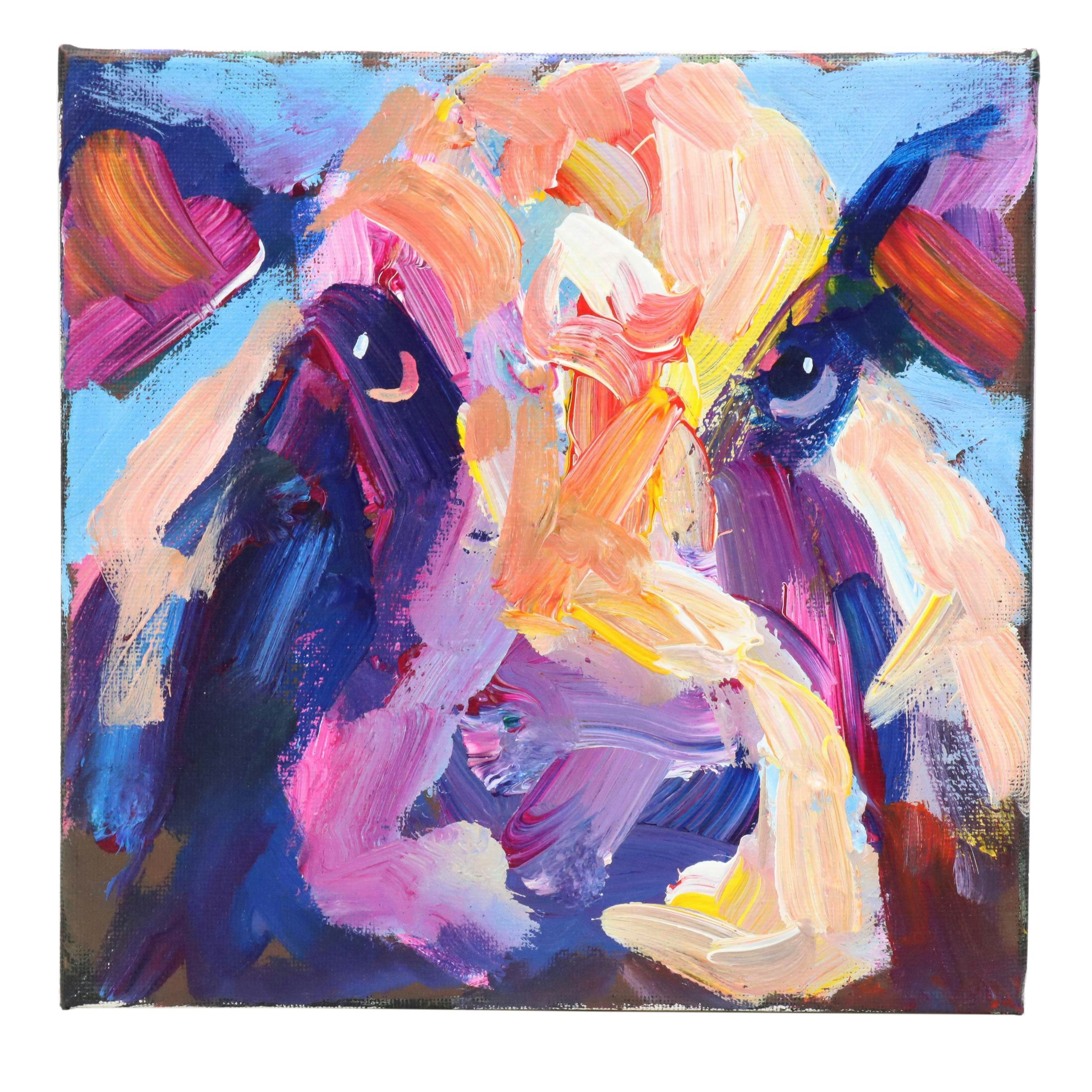 Elle Raines Stylized Acrylic Painting "Cow," 21st Century