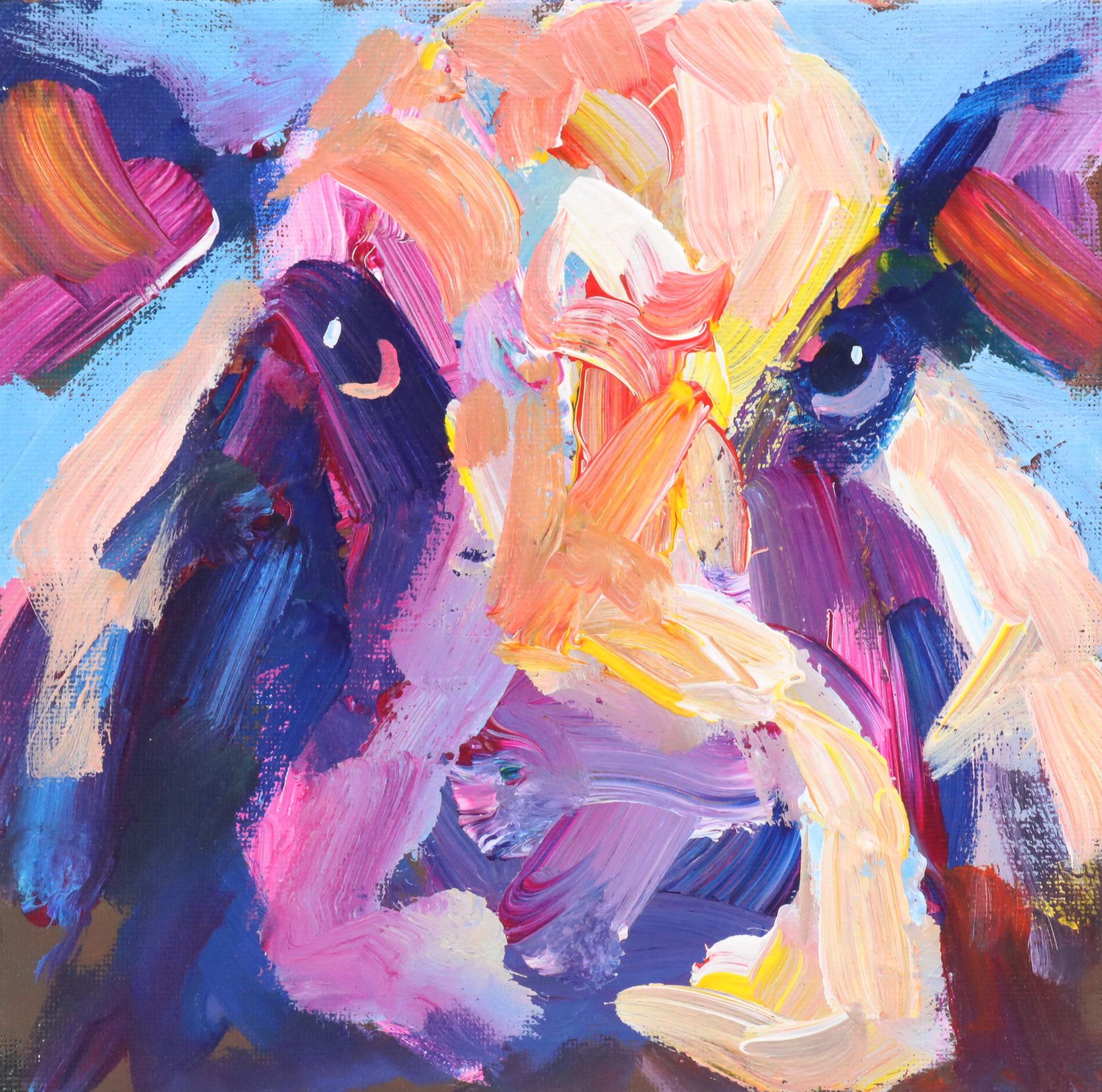 Elle Raines Stylized Acrylic Painting "Cow," 21st Century