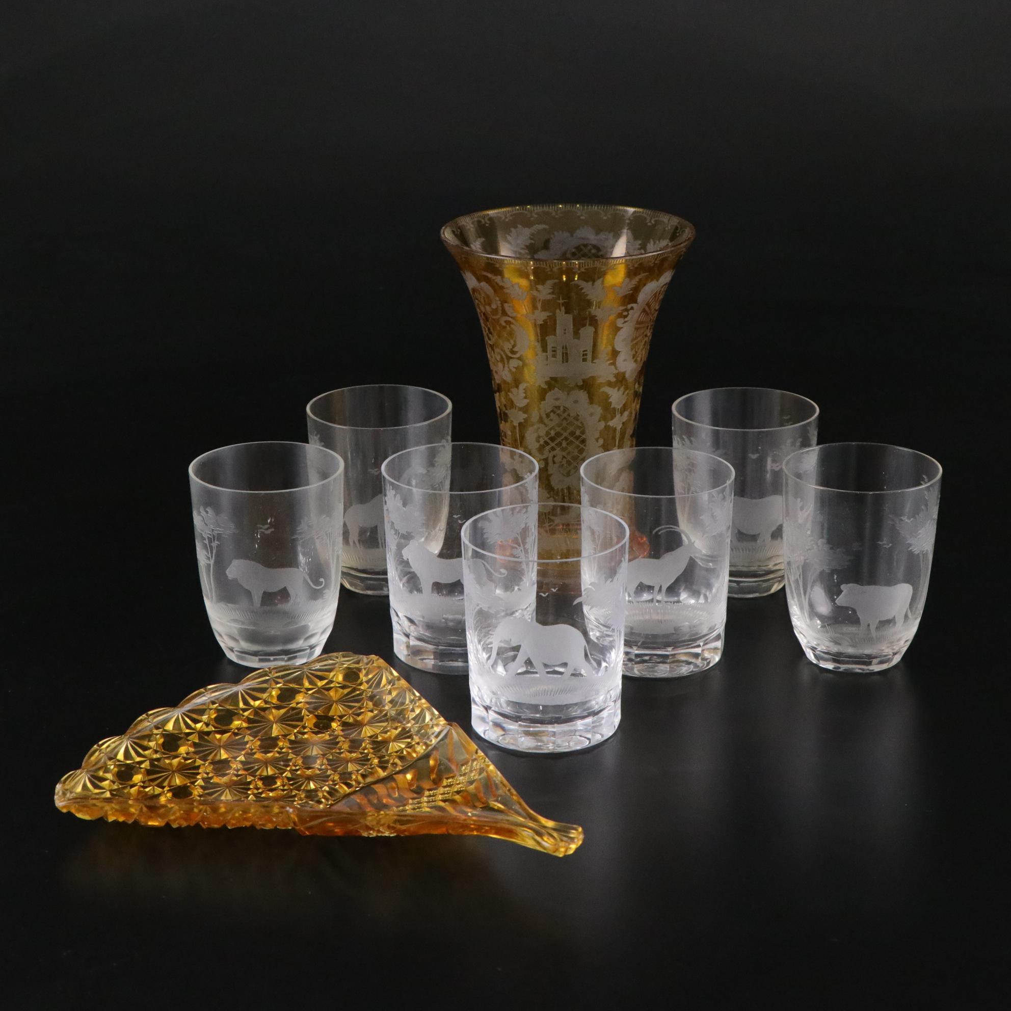 Queen Lace Crystal "Kenyan" Old Fashioned Glasses with Bohemian Amber Glass