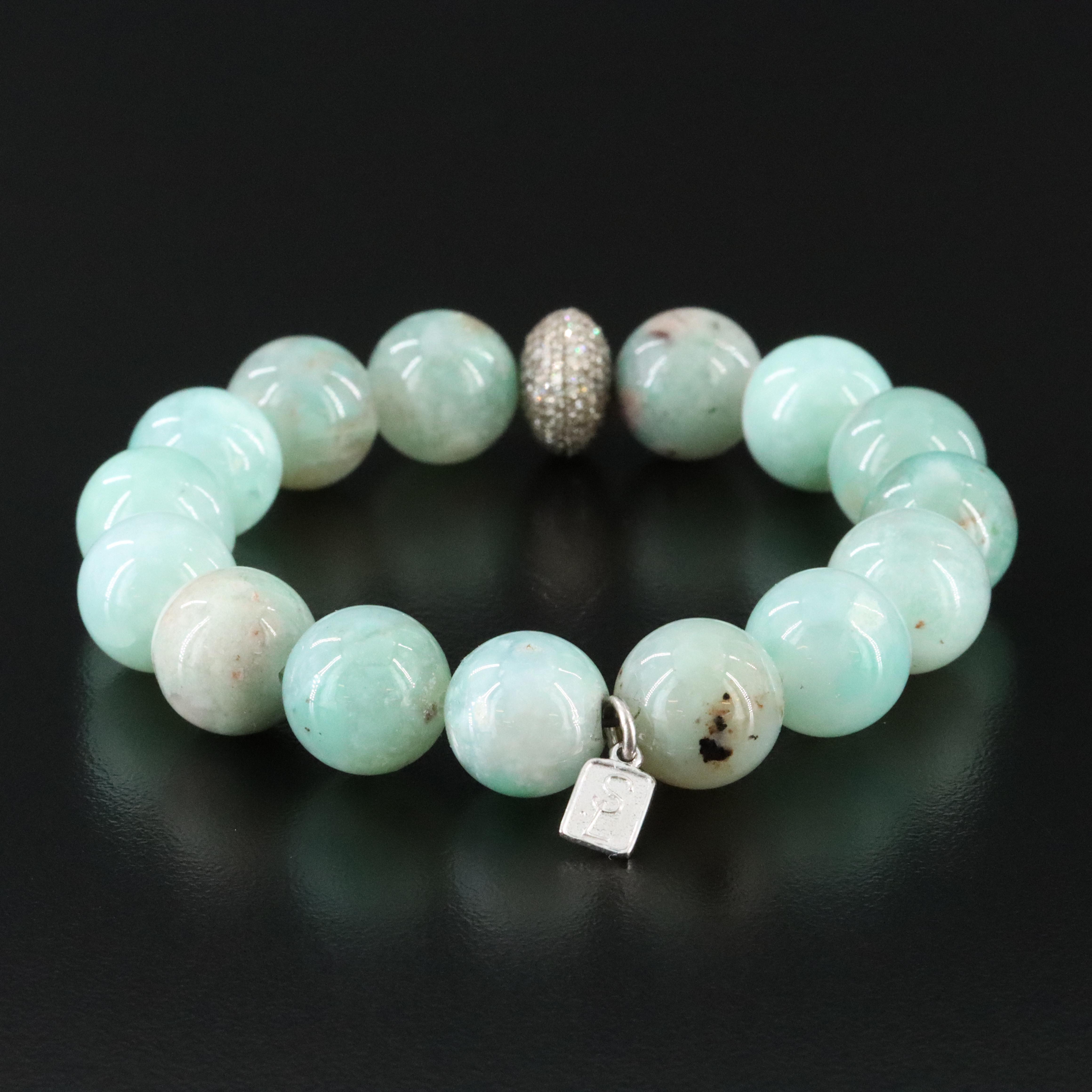 Sheryl Lowe Sterling Aquaprase Bracelet with Pavé Diamond Accent Bead