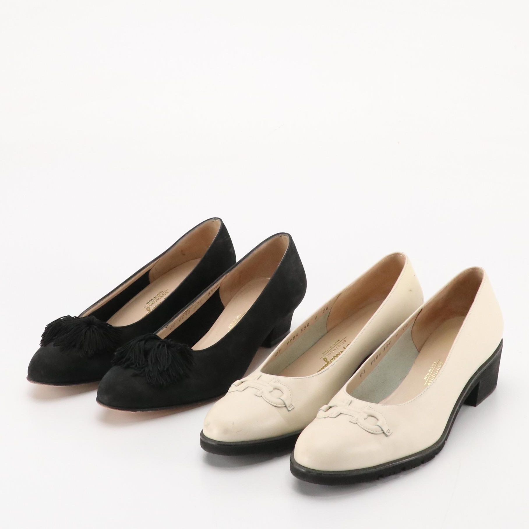Salvatore Ferragamo Black Suede Tassel Pumps and Gancini Beige Leather Shoes