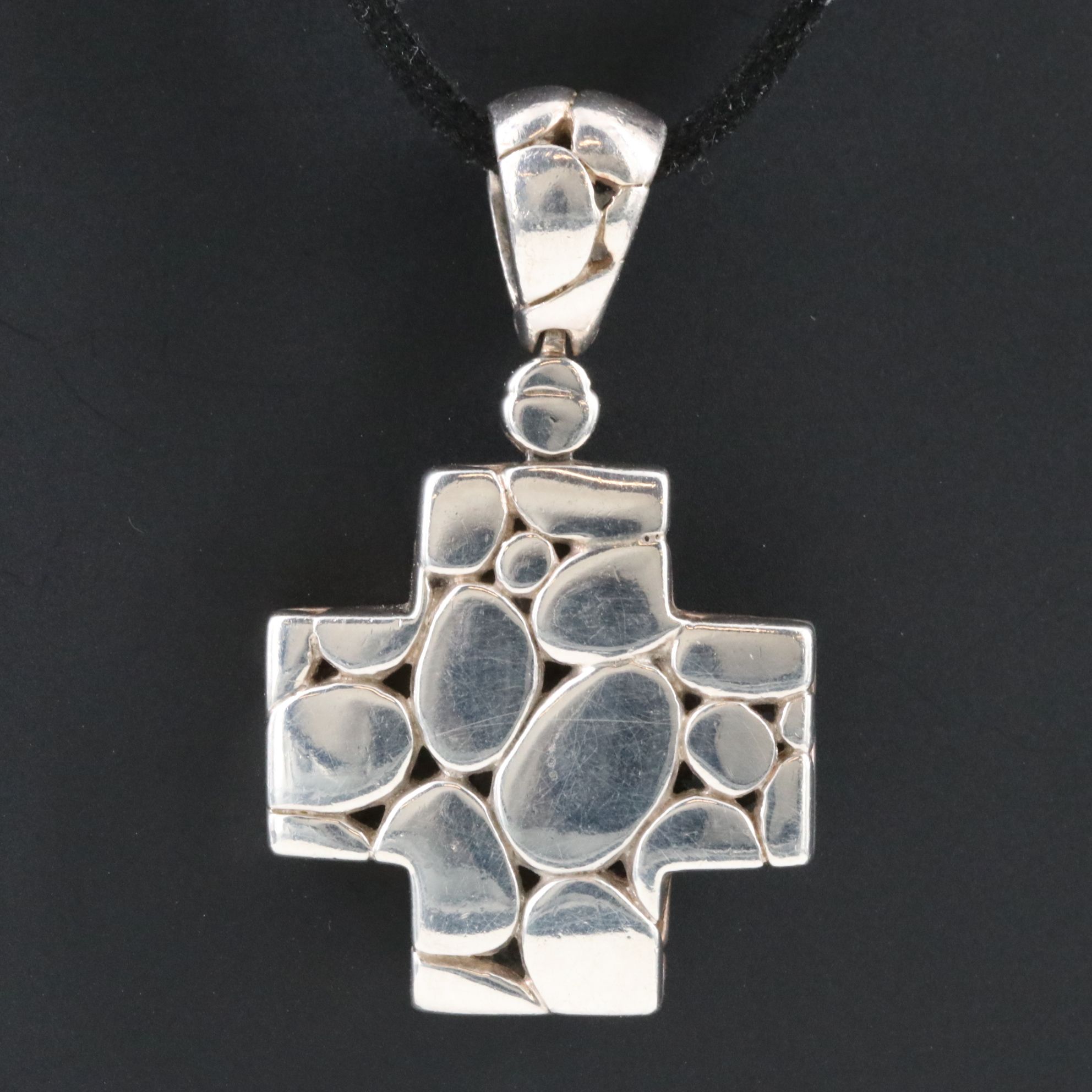 John Hardy Kali Pebble Sterling Cross Pendant with a Black Leather Cord